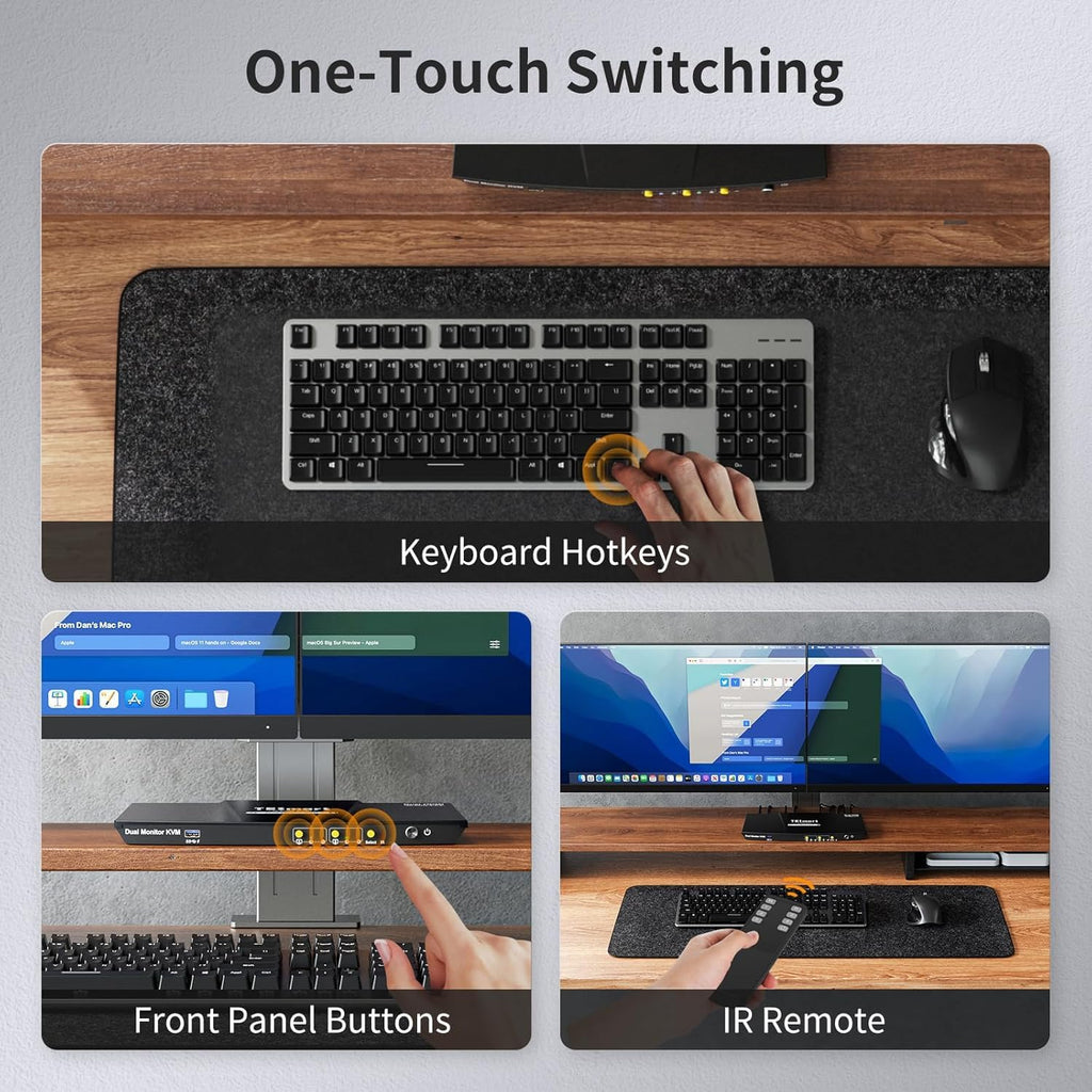 TESmart USB 3.0 HDMI KVM Switch 2 Monitors 2 Computers 4K@60Hz, Dual Monitor KVM Switch HDMI 2 Port Extended Display, Audio&Microphone, EDID Emulators, Button Switch with Input Cables,Hotkey Switch