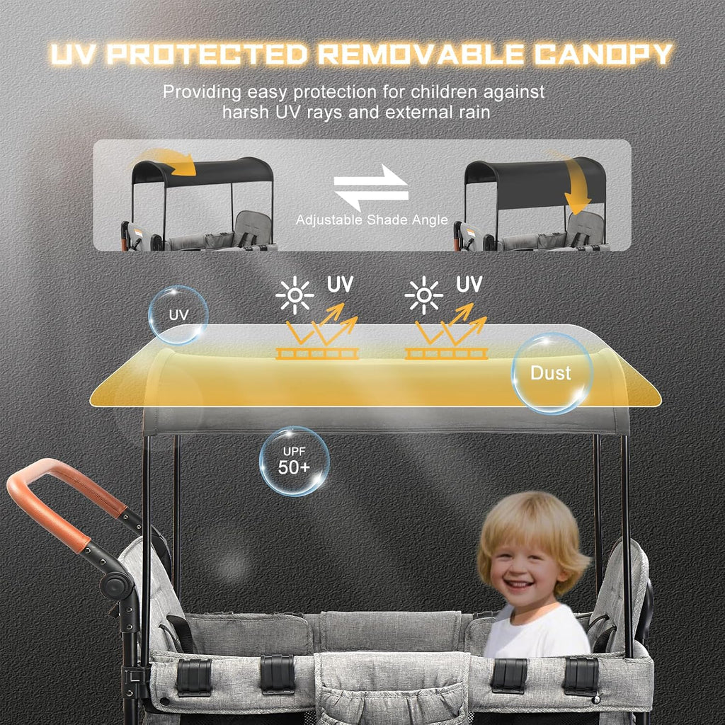 Wagon Stroller for 2 Kids, Foldable All-Terrain Wagon for Kids with Canopy, Adjustable Push and Pull Handles,Convertible High Seat & Organizer, 5 Point Harness (Gray)