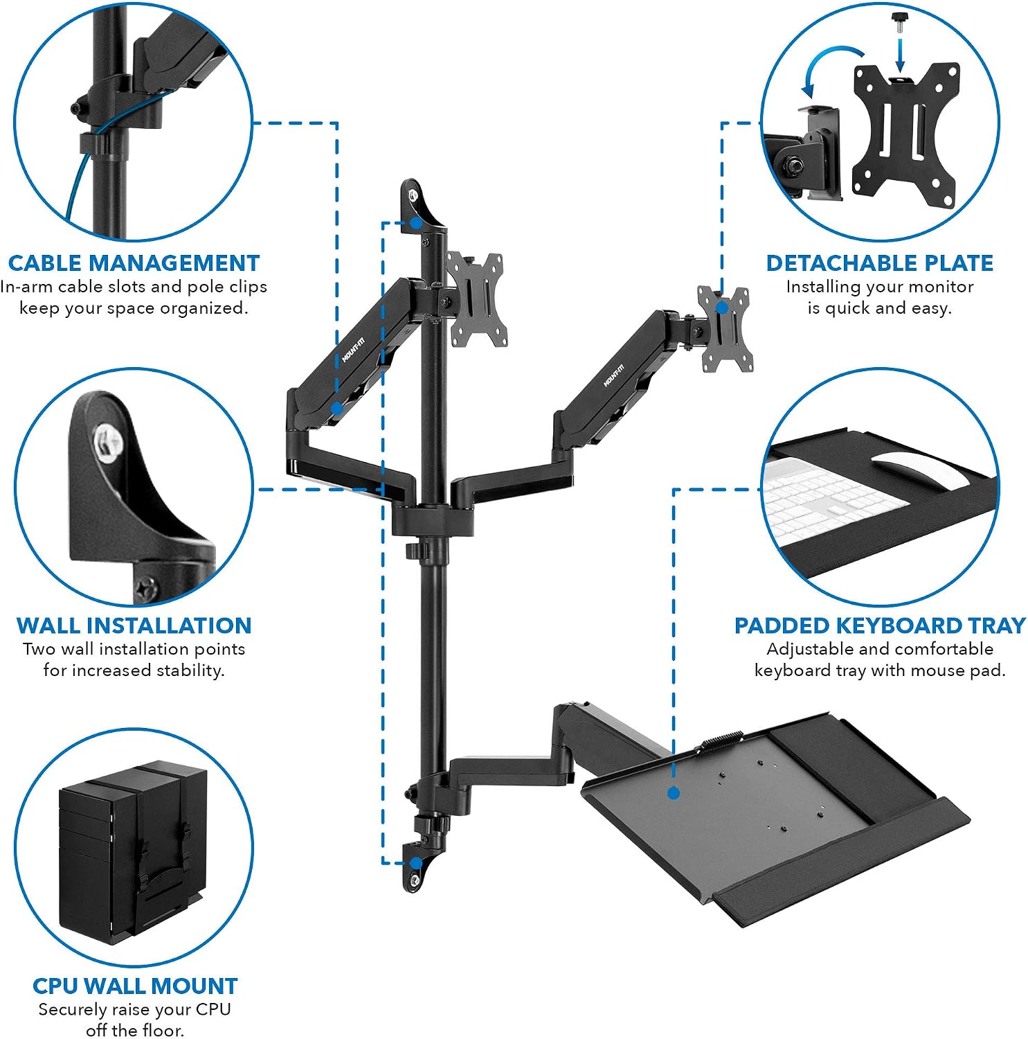 Mount-It! Dual Monitor Arm Wall Mount Workstation with Keyboard Tray & CPU Holder, Height Adjustable Gas Spring Full Motion Computer Station, Fits 17–32' VESA 75x75 100x100, Black