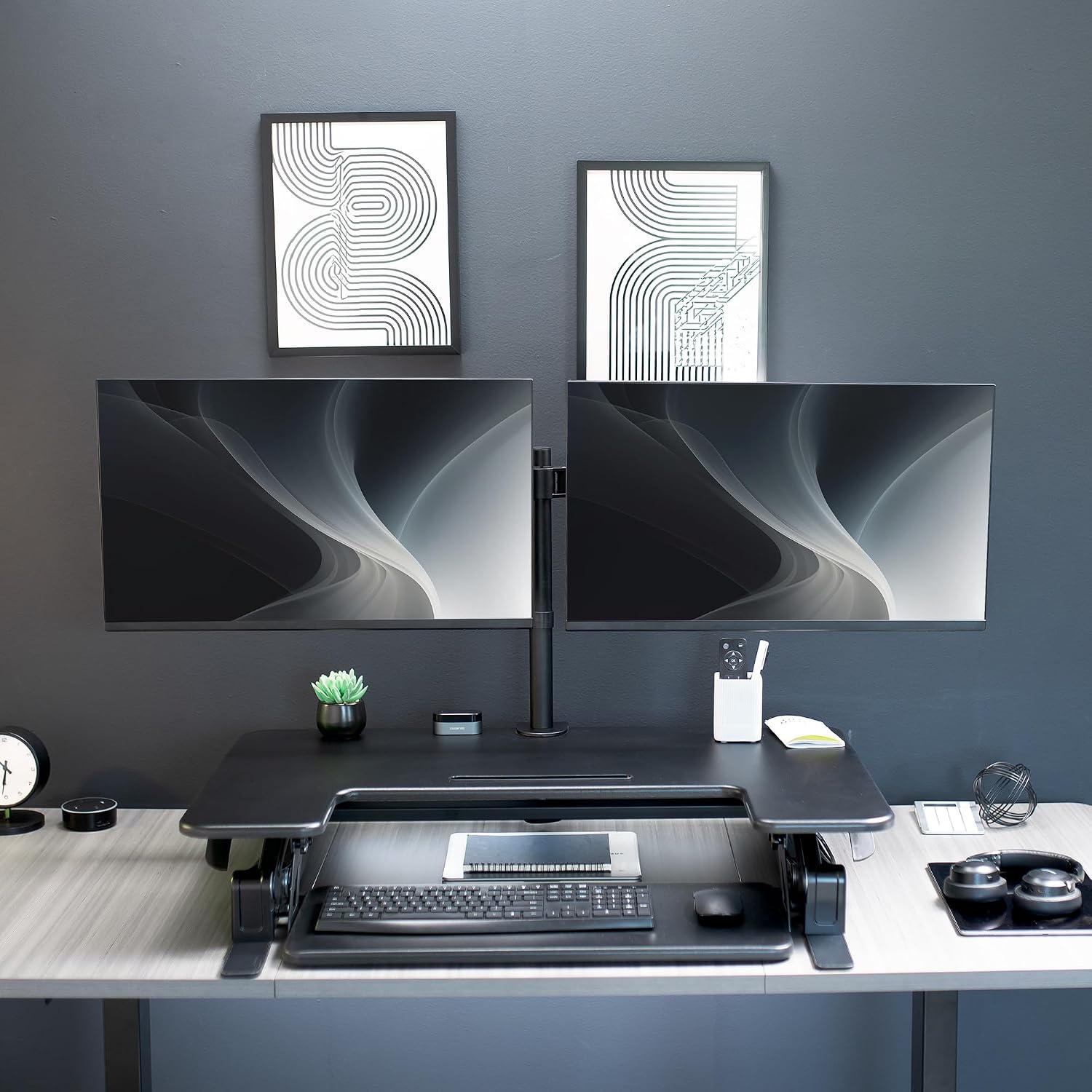 VIVO 36 inch Standing Desk Converter with Dual Monitor Mount Arms for up to 30 inch Screens, Height Adjustable Desk Riser, Black, DESK-KIT-0V02