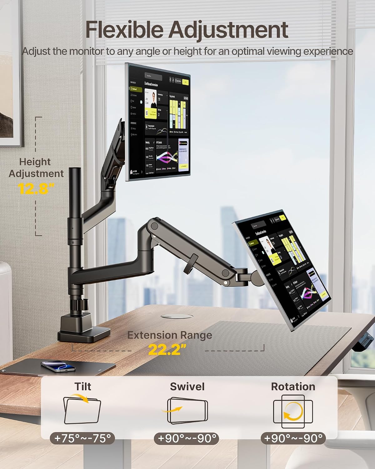 monTEK Dual Monitor Arm for up to 57' and 59.4 lbs Ultrawide Screen, Aluminum Heavy-Duty Gas Spring Vertical Stackable Curved Screen Adjustable Monitor Stand, 75/100mm Vesa Mount, Black