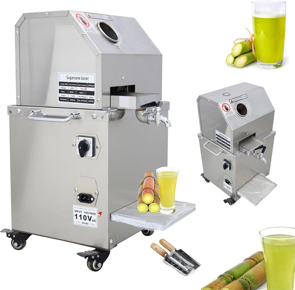 INTBUYING 800W Electric Sugarcane Juicer Sugar Cane Press Machine with 3 Stainless Steel Rollers 660LBS/H Output 2 Peelers Sugarcane Juice Extractor Squeezer on Wheels for Home Commercial Juice Shops