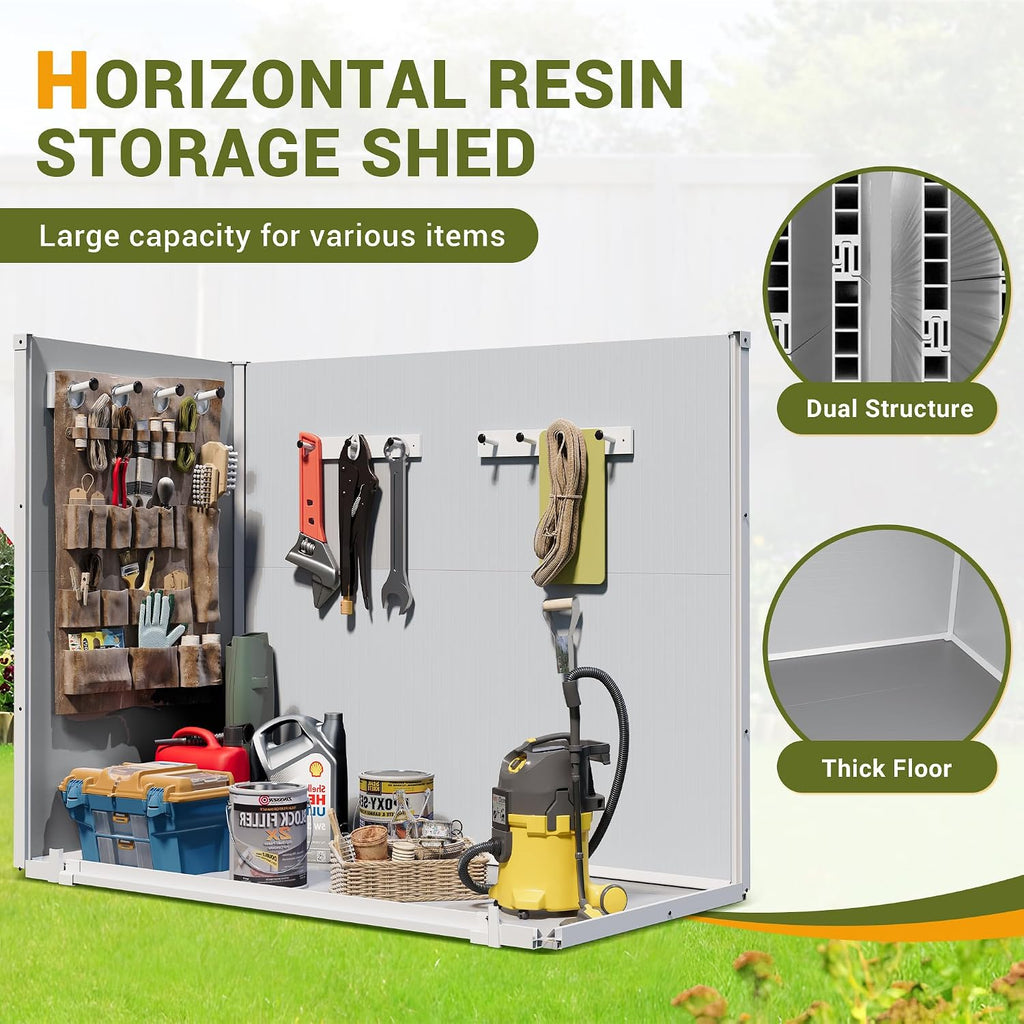 UDPATIO 41 Cu.Ft Horizontal Storage Shed Outdoor, Weatherproof Resin Storage Shed with Floor Thickened, Gas Spring, Lockable Doors for Trash Can Storage, Tools, Lawn Mower, for Patio,（Light Grey）
