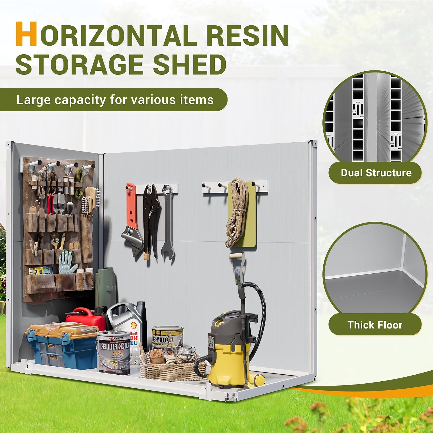UDPATIO 41 Cu.Ft Horizontal Storage Shed Outdoor, Weatherproof Resin Storage Shed with Floor Thickened, Gas Spring, Lockable Doors for Trash Can Storage, Tools, Lawn Mower, for Patio,（Light Grey）