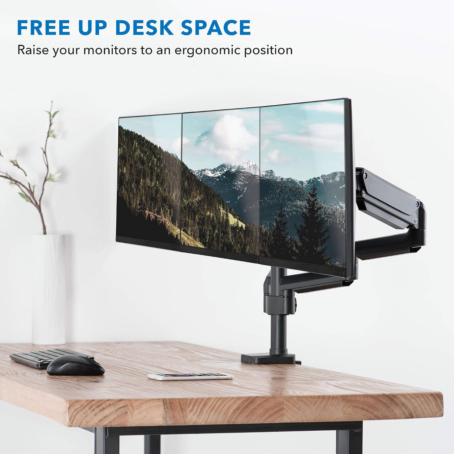 Mount-It! Triple Monitor Desk Mount with Full Motion Arms, 3 Monitor Riser with Gas Spring Arms for 27' Max Computer Screens, Sturdy Dual Clamp Base, Black