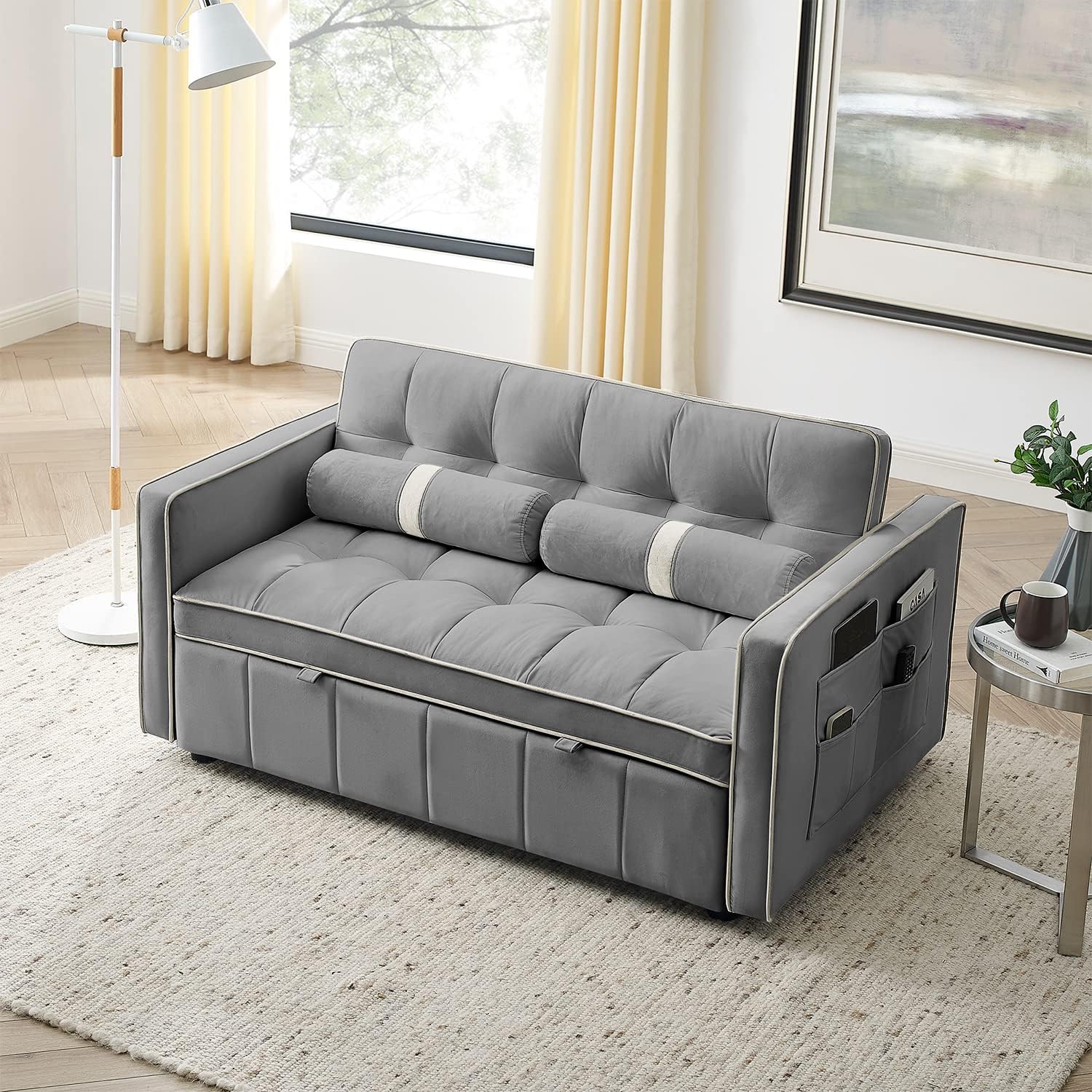 3 in 1 Sleeper Sofa Couch Bed, Small Tufted Velvet Convertible Loveseat Futon Sofa w/Pullout Bed, Adjustable Backrest, Cylinder Pillows for Living Room Apartment, Easy to Assemble, Grey, 55.5'