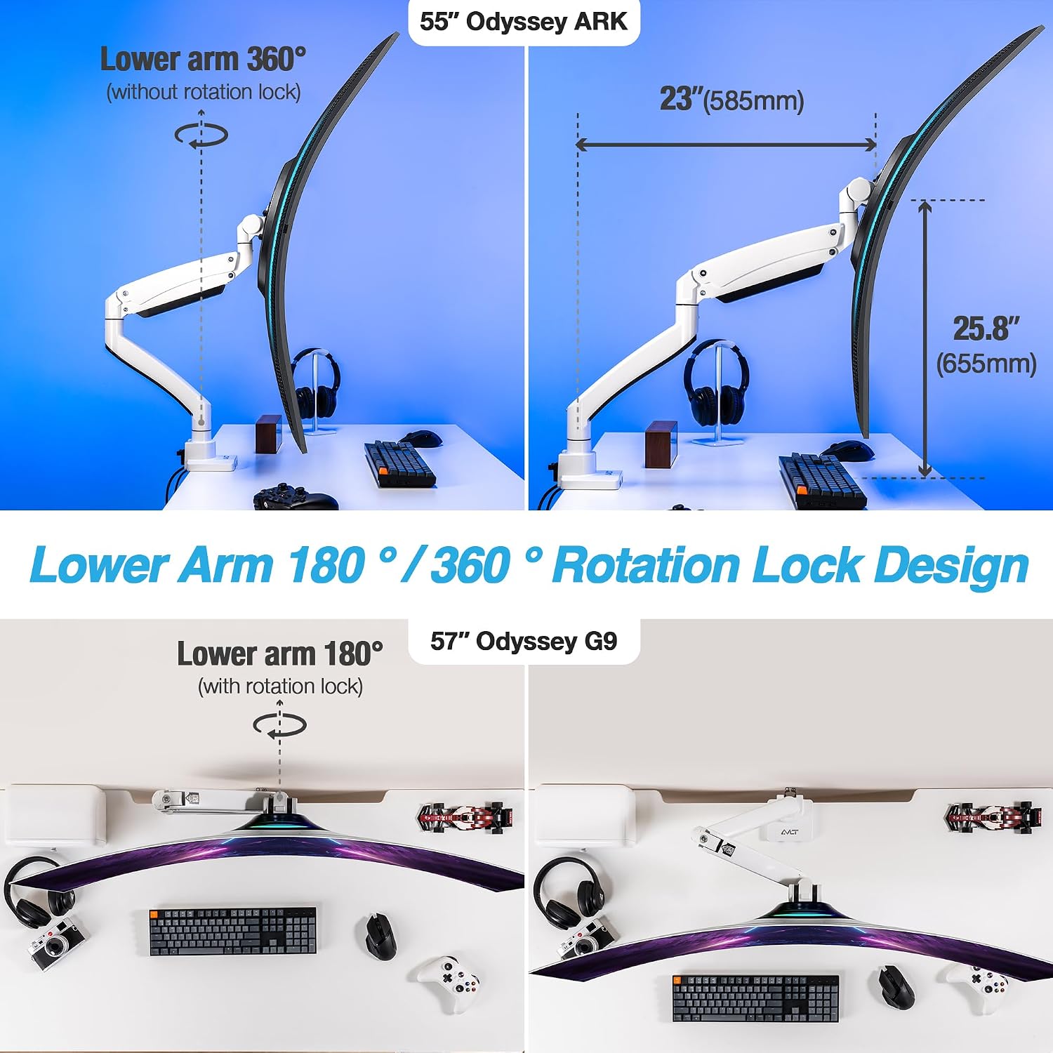 AVLT Single 17'-57' Super Ultrawide Monitor Arm for Screens Up to 59.5 lbs, Premium Aluminum Desk Stand, Adjustable Pneumatic Height, Full Motion Swivel Tilt Rotation, USB-C&A Ports, White