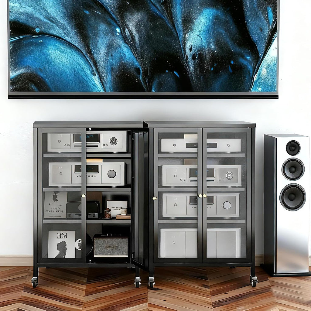 35.8' H Media Storage Cabinet with Wheels, Audio-Video Media Stand, Stereo Cabinet with Adjustable Shelves, Record Player Stand for Meeting, Living, Recording Room