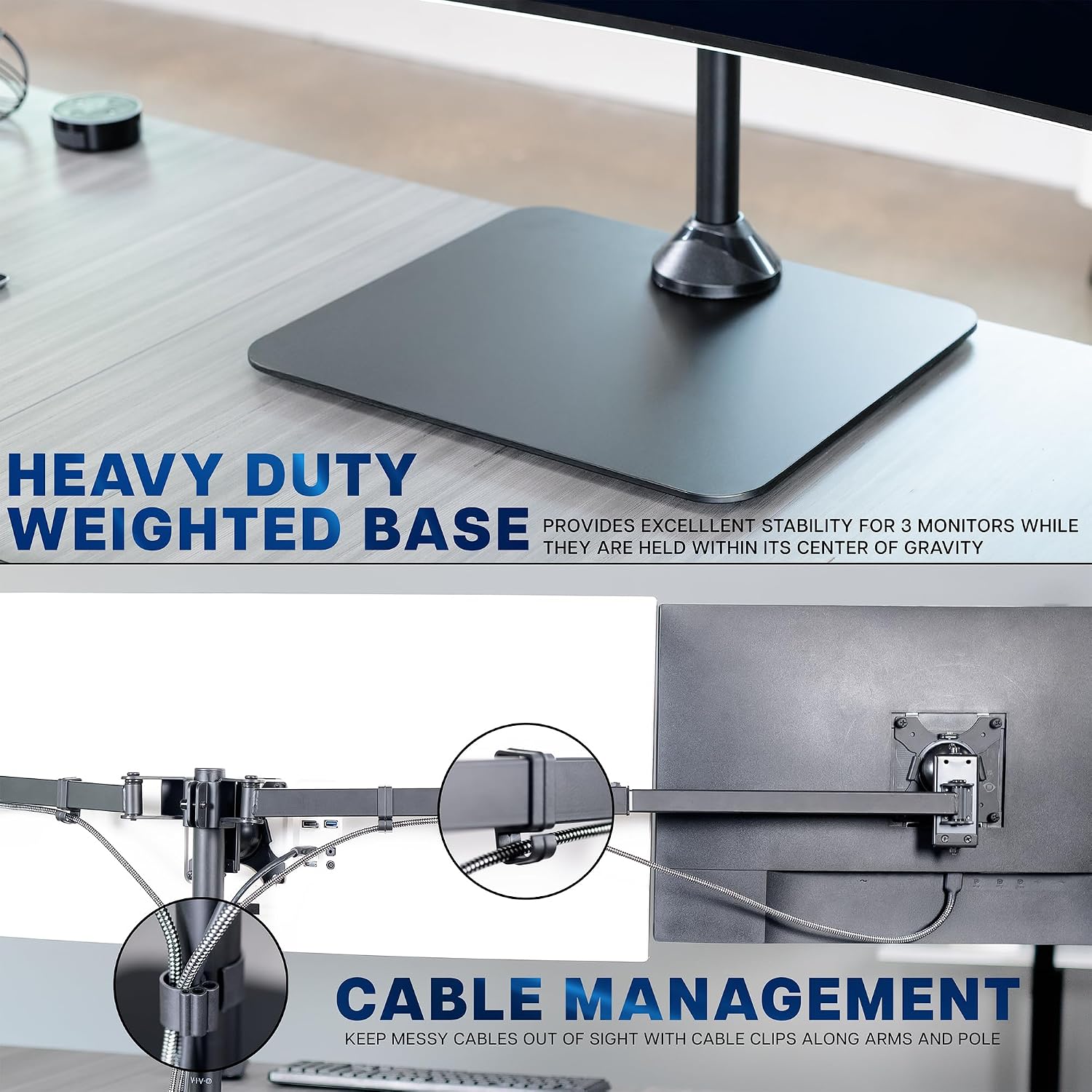 VIVO Premium Freestanding Triple Monitor Desk Mount for 3 Screens up to 22 lbs, Fits up to 38 inch Ultrawides on Center Bracket, Adjustable Telescoping Arms, Flush Wall Setup, Black, STAND-TS03F