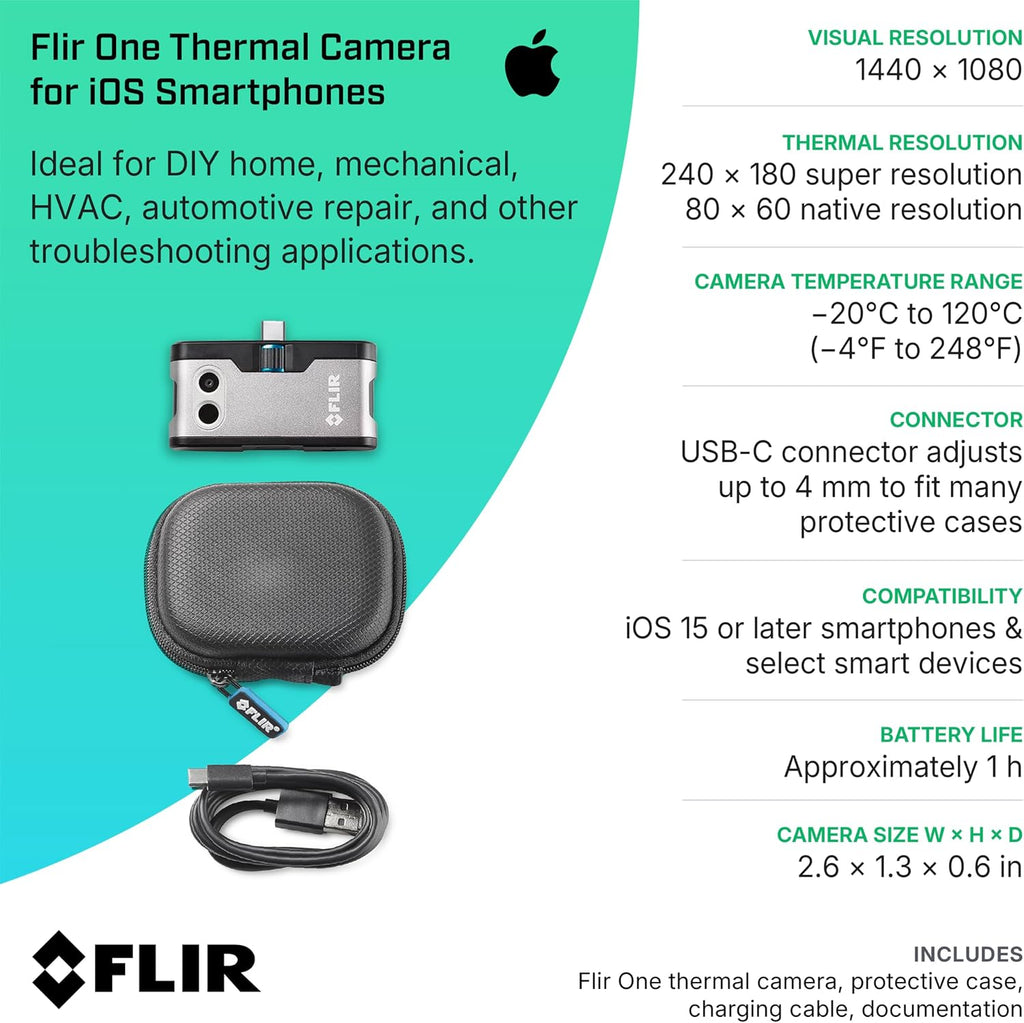 Flir One - Thermal Imaging Camera for iOS Smartphones (iPhone 15 and Newer w/USB-C), 240x180 Super Resolution (80x60 Native IR)