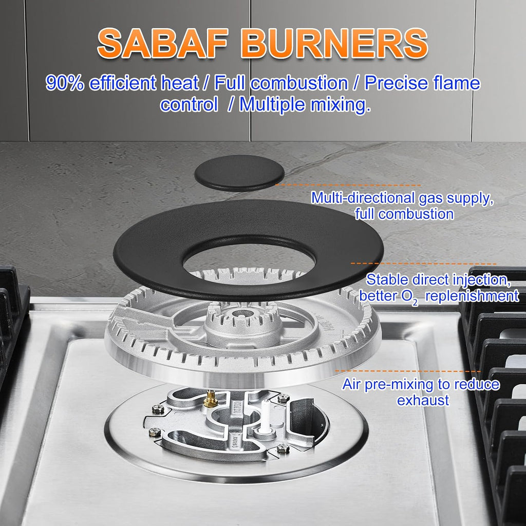 AMZCHEF 30 inch Gas Cooktop with 5 Made in Italy SABAF Power Burners,Max 48300 BTU/hr Built-in Gas Stove top of 304 Stainless steel with Double Sided griddle,NG/LPG Convertible,ETL.