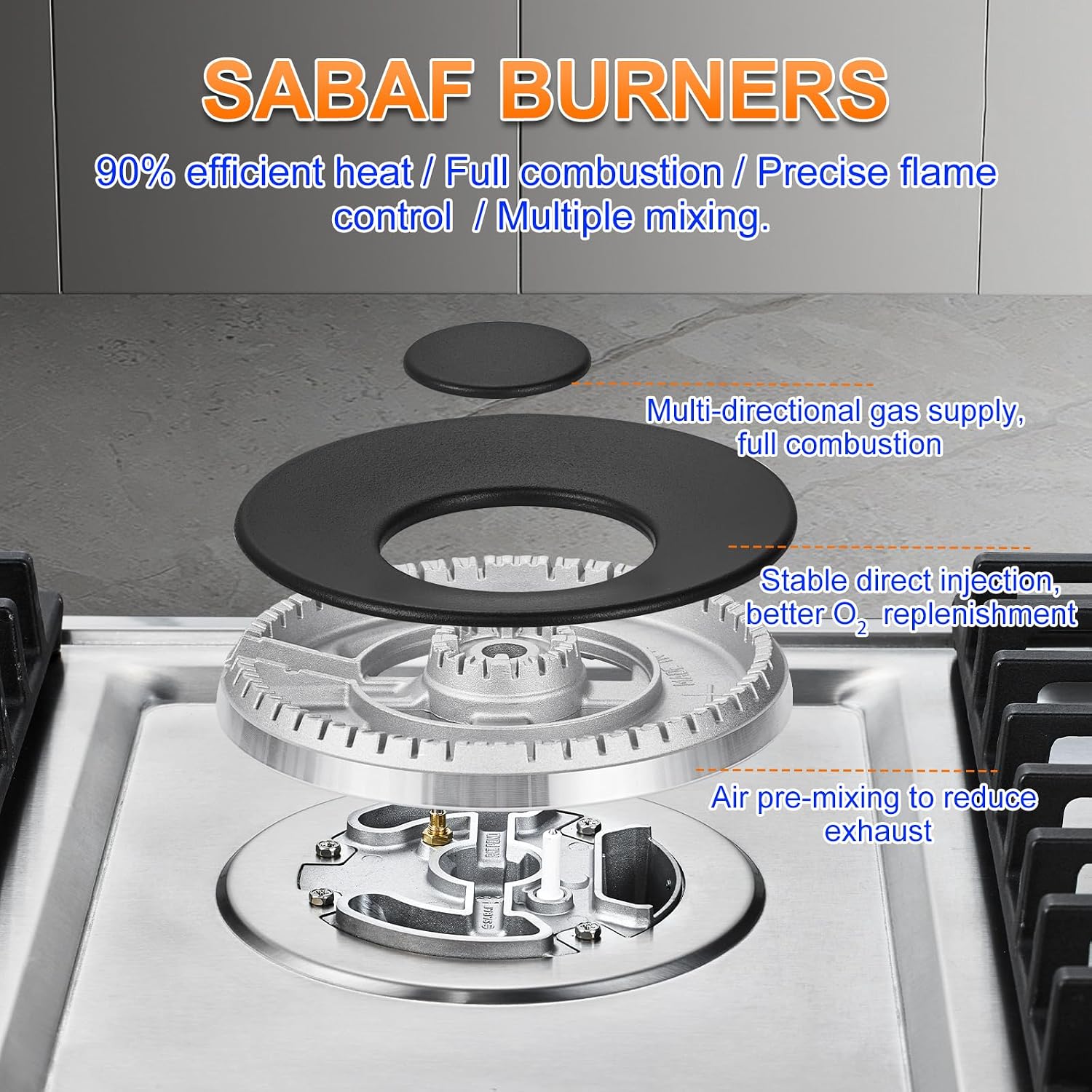 AMZCHEF 30 inch Gas Cooktop with 5 Made in Italy SABAF Power Burners,Max 48300 BTU/hr Built-in Gas Stove top of 304 Stainless steel with Double Sided griddle,NG/LPG Convertible,ETL.