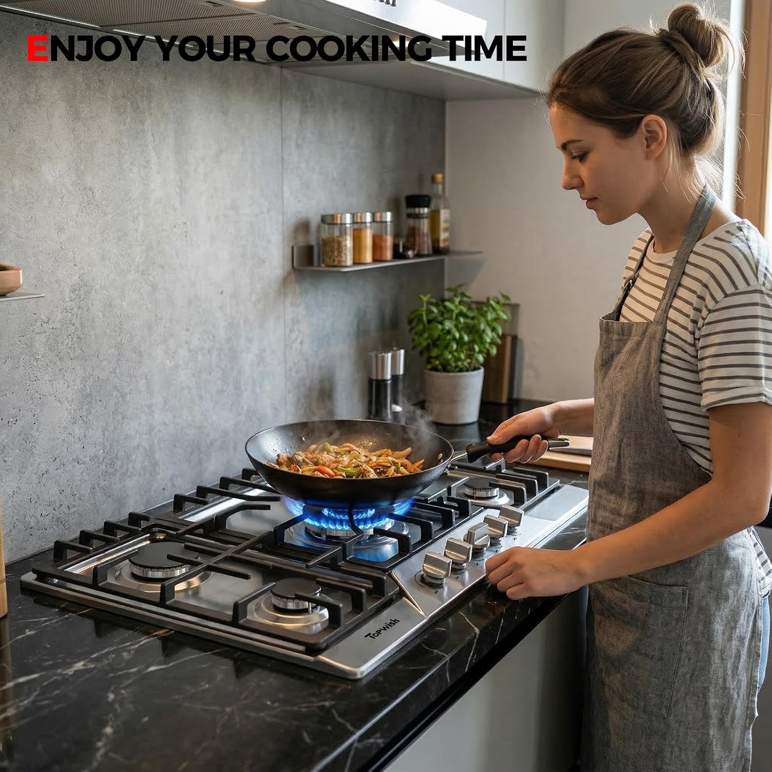 30 Inch Gas Cooktop, TOPWISH Gas Stove Top with 5 High Efficiency SABAF Burners, 41400 BTU, NG/LPG Convertible 304 Stainless Steel Built-in Propane Stovetop with Thermocouple Protection, 120V AC