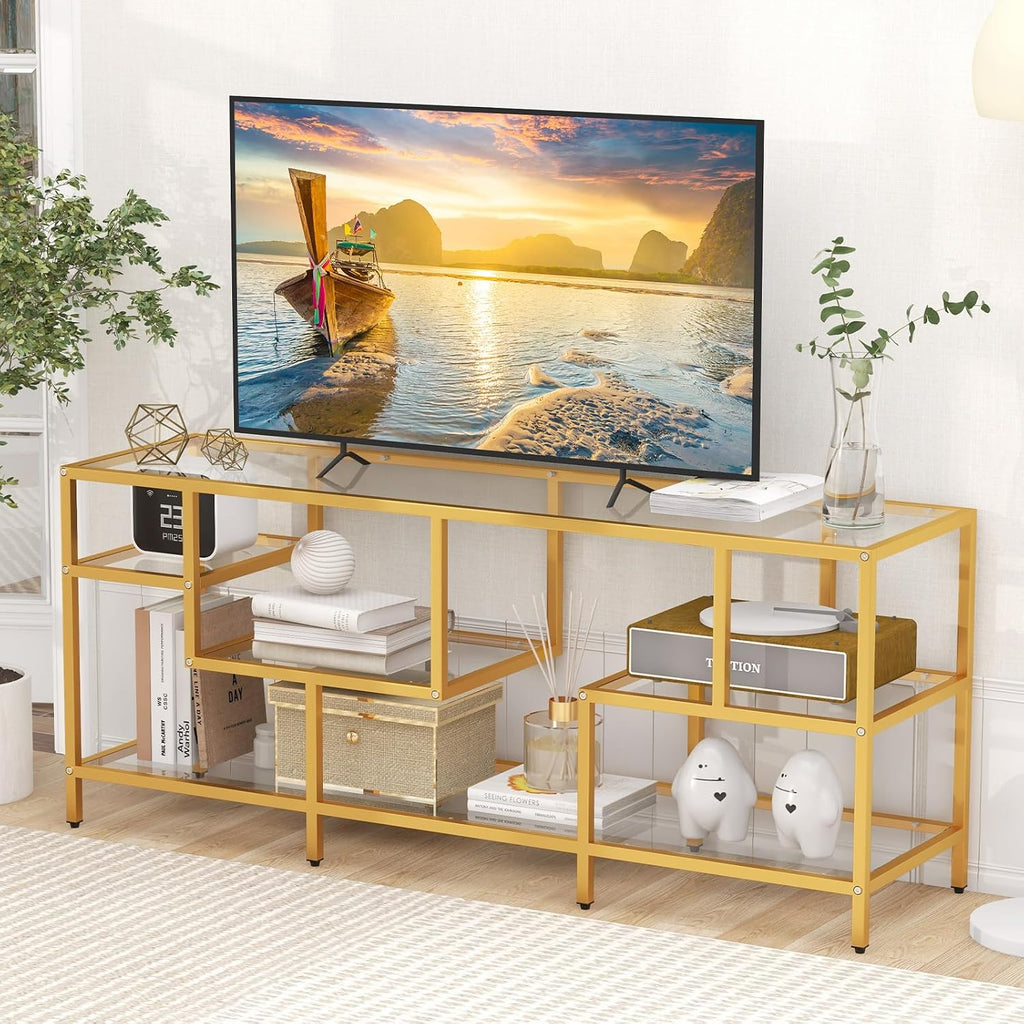Tangkula Gold TV Stand for TVs up to 65', 58' TV Console Table with Tempered Glass Shelves & Golden Metal Frame, Modern Media Entertainment Center for Living Room & Entryway, Gold (58', Rectangular)