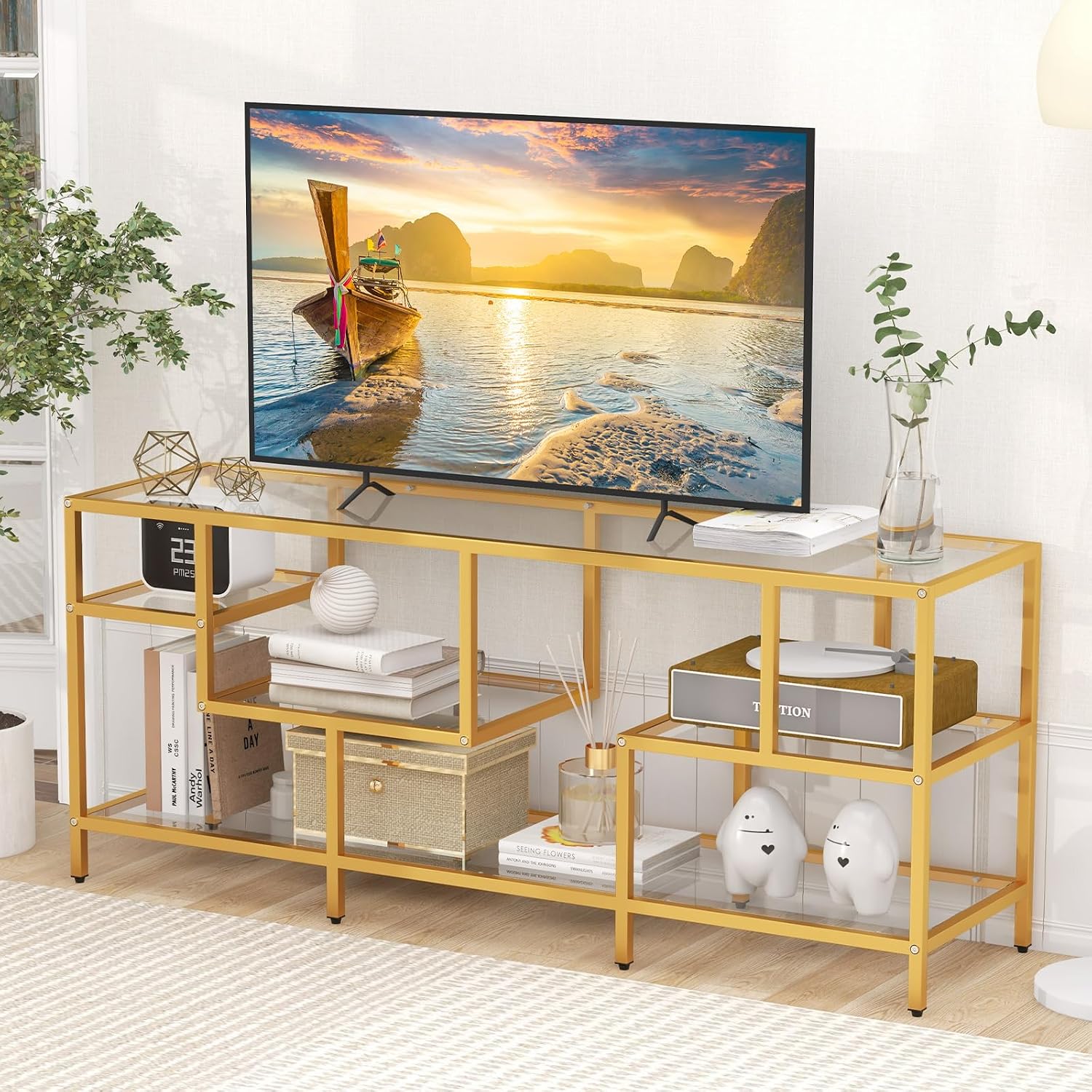 Tangkula Gold TV Stand for TVs up to 65', 58' TV Console Table with Tempered Glass Shelves & Golden Metal Frame, Modern Media Entertainment Center for Living Room & Entryway, Gold (58', Rectangular)