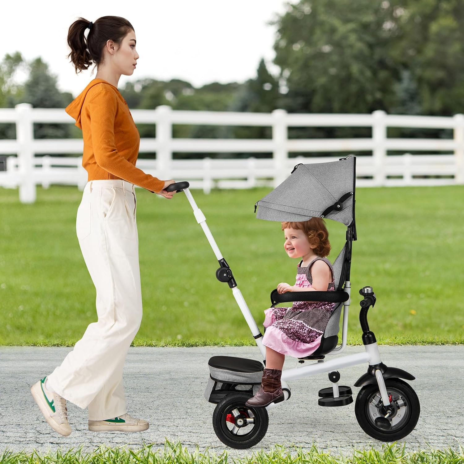HONEY JOY Tricycle, 5-in-1 Folding Baby Trike Stroller w/Adjustable Handle & Canopy, Reversible Seat, Safety Belt, Folding Pedal, Bell, Storage, Push Tricycle for Toddlers 1-5 Years Old (Gray)
