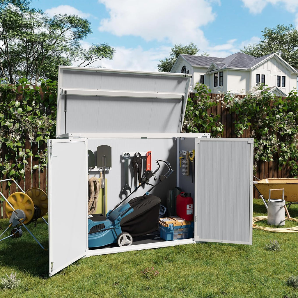UDPATIO 41 Cu.Ft Horizontal Storage Shed Outdoor, Weatherproof Resin Storage Shed with Floor Thickened, Gas Spring, Lockable Doors for Trash Can Storage, Tools, Lawn Mower, for Patio,（Light Grey）