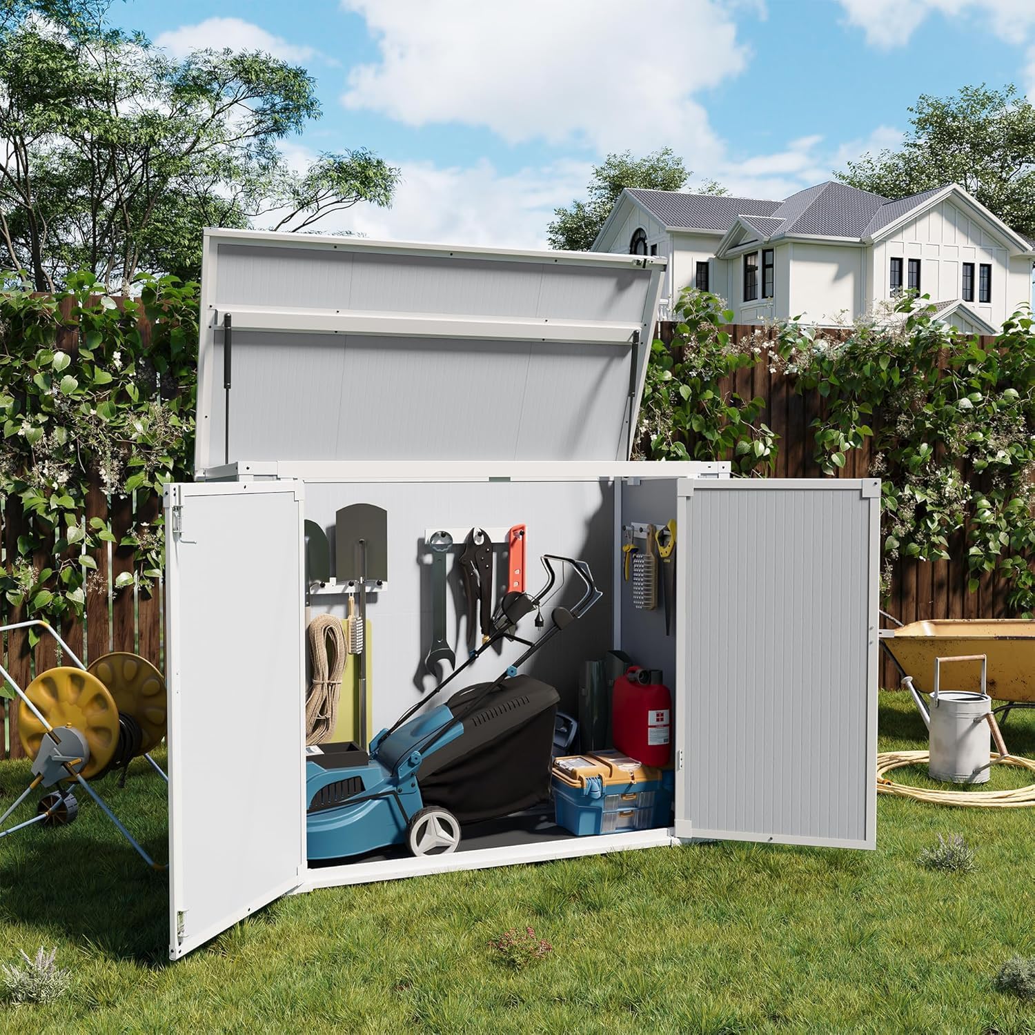 UDPATIO 41 Cu.Ft Horizontal Storage Shed Outdoor, Weatherproof Resin Storage Shed with Floor Thickened, Gas Spring, Lockable Doors for Trash Can Storage, Tools, Lawn Mower, for Patio,（Light Grey）