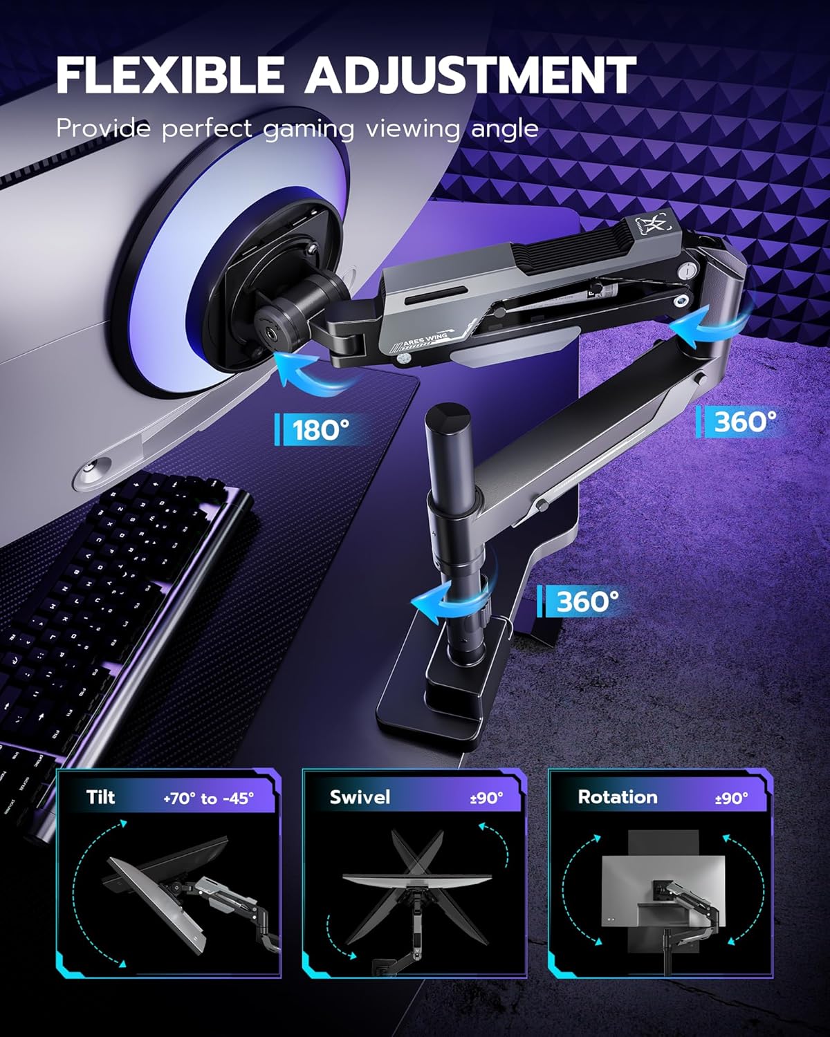 ARES WING CoreArm Single Monitor Mount, Ultrawide Monitor Arm for 24 to 57'' Heavy Duty Curved Screen, Adjustable Gas Spring Monitors Arm Stand up to 66LBS with 75/100/200 Vesa Mount, Black
