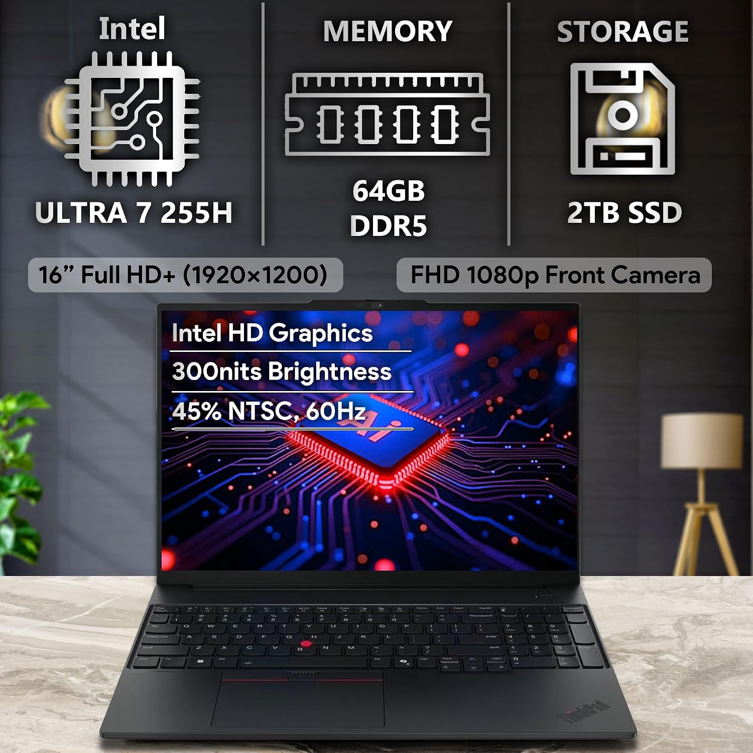 Lenovo ThinkPad E16 Gen 3, 16' FHD+, Intel Ultra 7 255H, 64GB DDR5 RAM, 2TB NVMe, Fingerprint, Backlit KB, WiFi 6E, RJ-45, FHD Webcam, Windows 11 Pro, AI Business Laptop - Black