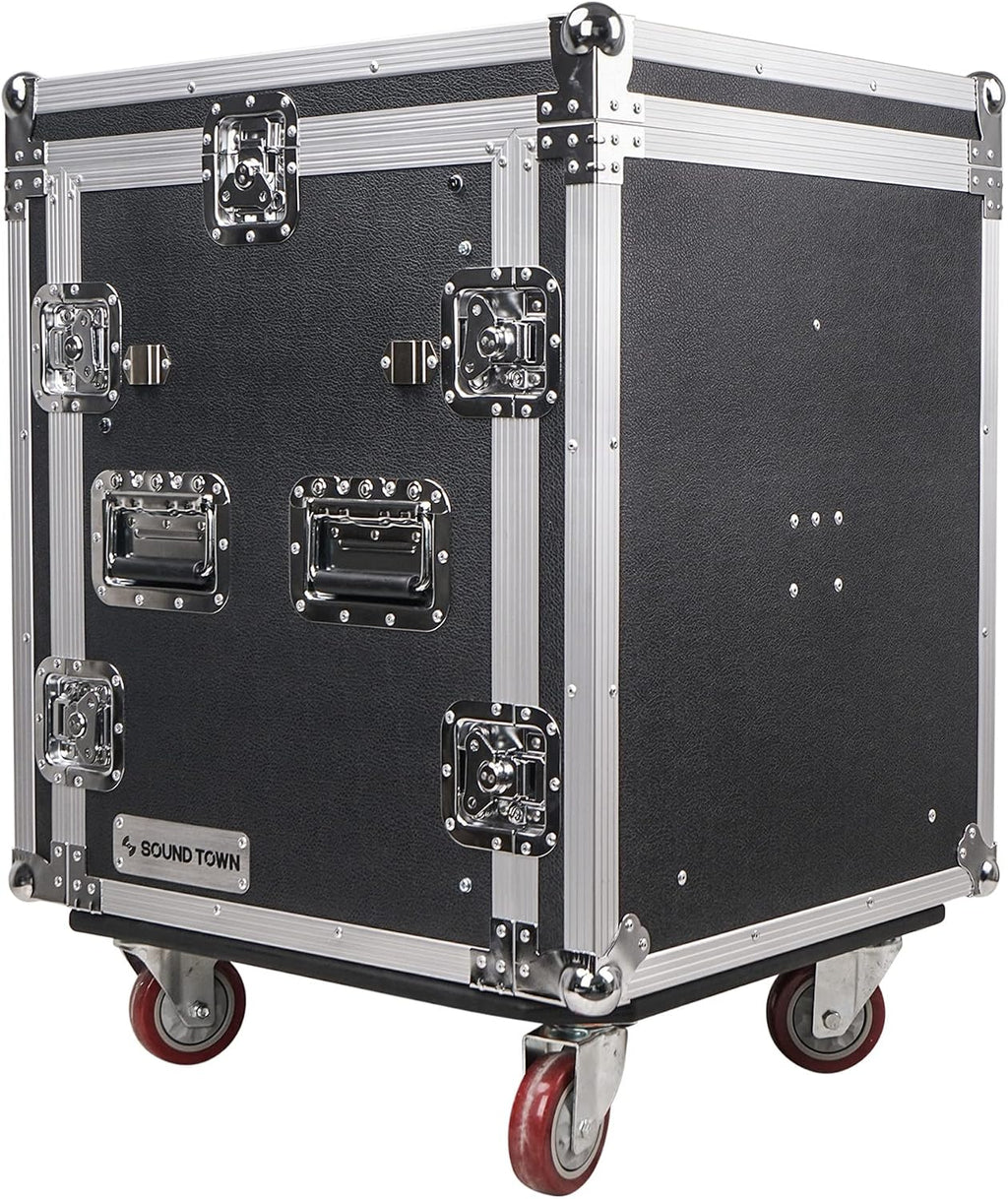 Sound Town Enhanced 1/2' (12mm) Plywood 12U PA DJ Rack/Road Case with 11U Slant Mixer Top, 20'' Rackable Depth, DJ Work Table and Casters, 12-Space ATA Case, Pro Tour Grade (STMR-S12UWT)