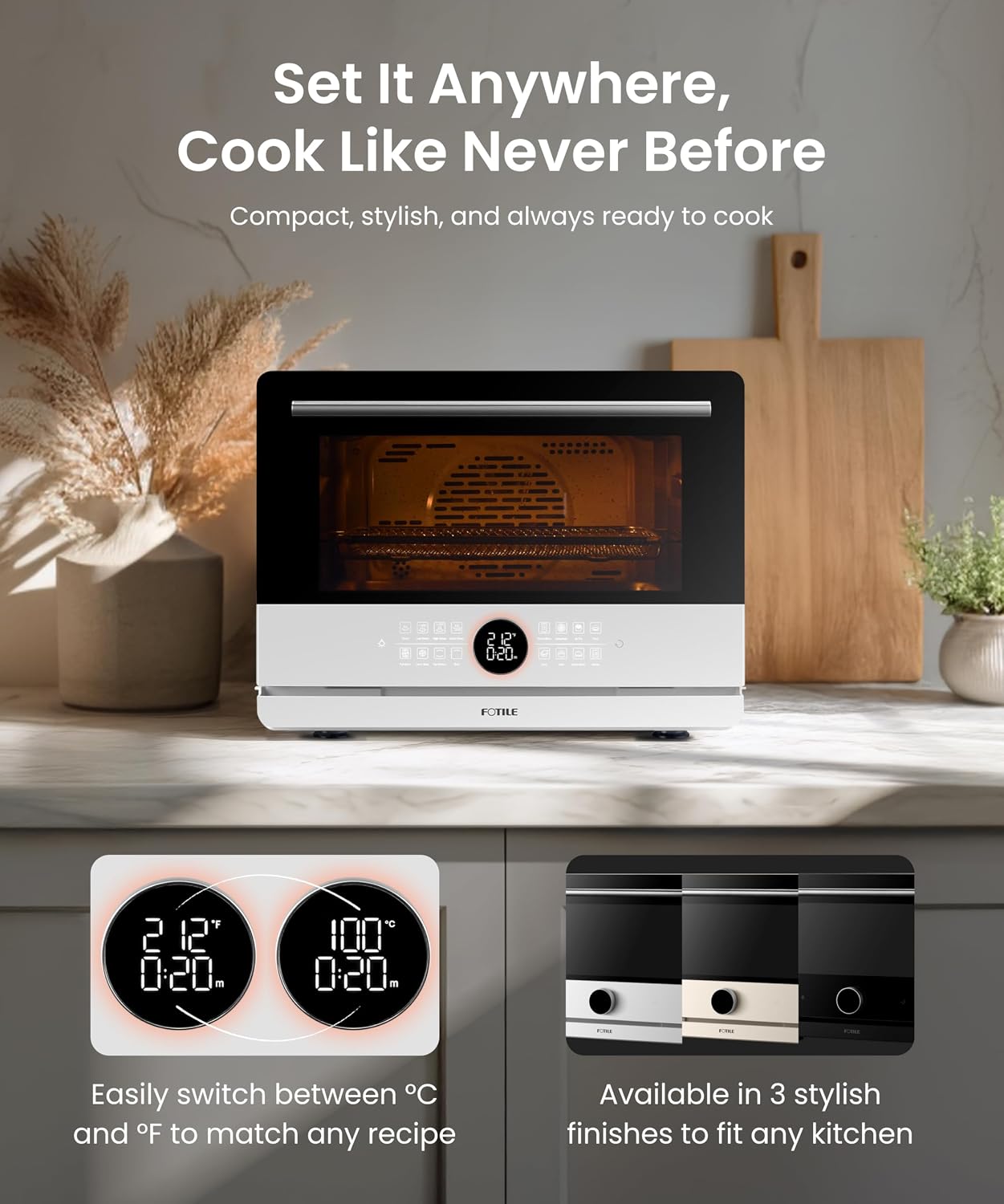 FOTILE HYZK32-E3 ChefCubii 1.1 cu. ft. 4-in-1 Steam-Combi Oven with Steam-Bake, Air Fry, Convection, Dehydrator Functions, and 50 Preset Menus,White