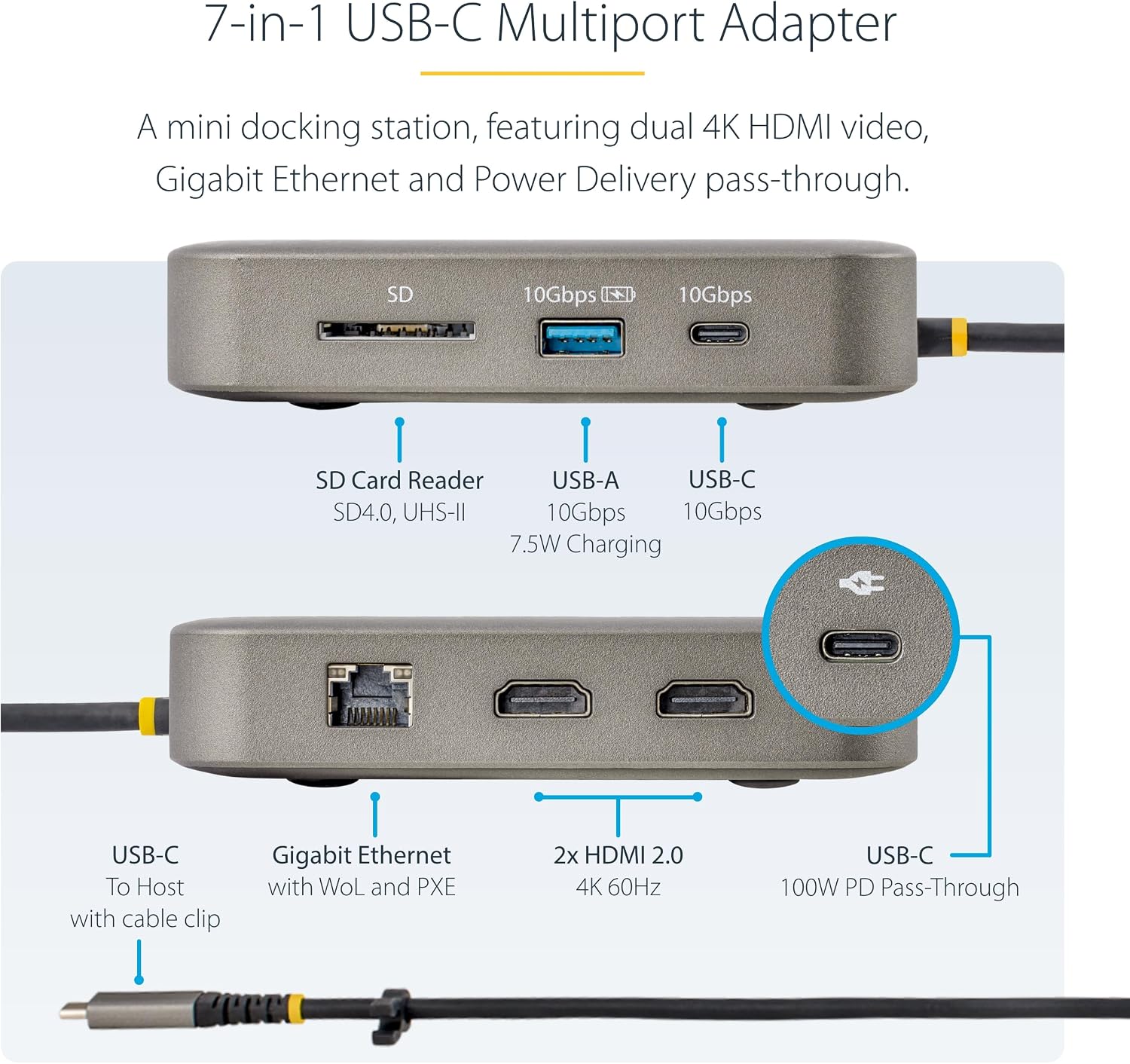 StarTech.com 7-in-1 USB C DisplayLink Dual Monitor Docking Station, 4K 60Hz HDMI Dock for MacBook M1 M2 M3 M4 & Windows, USB 10Gbps Hub, Gigabit Ethernet, SD, 100W PD, 22in (56cm) Cable