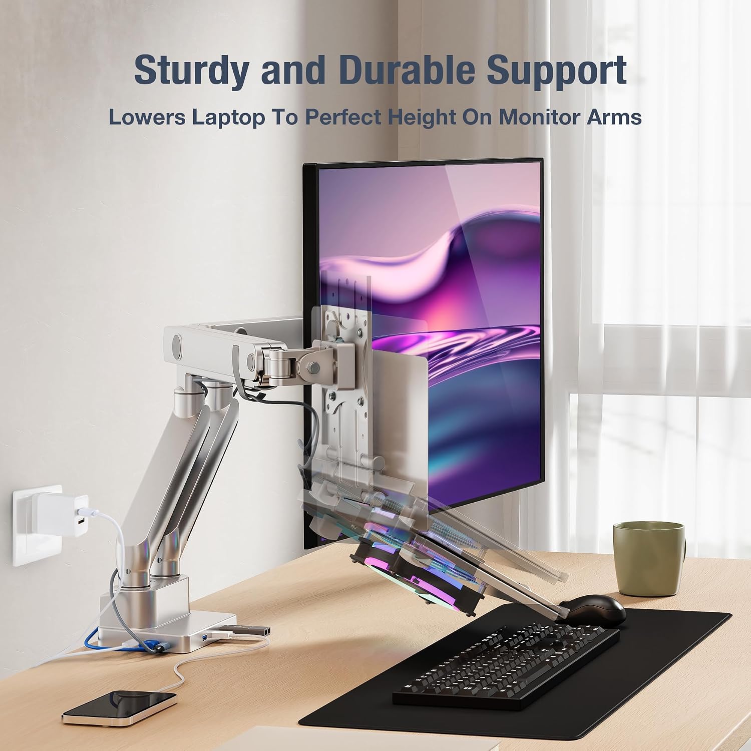 AVLT Dual 17'-38' Monitor Arm Desk Mount with 17' Laptop Tray and USB-C Docking Station, HDMI 4K60Hz, USB-A 5Gbps, Ethernet, 100W PD, Fits Two Flat/Curved - Gray