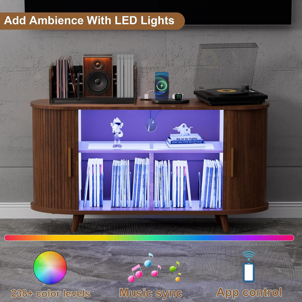 Vinyl Record Player Stand with LED Lights & Charging Station, Large Record Holdert with Sliding Door for Turntable, Speakers, Modern Media Cabinet for Living Room Bedroom (Walnut, 55in)
