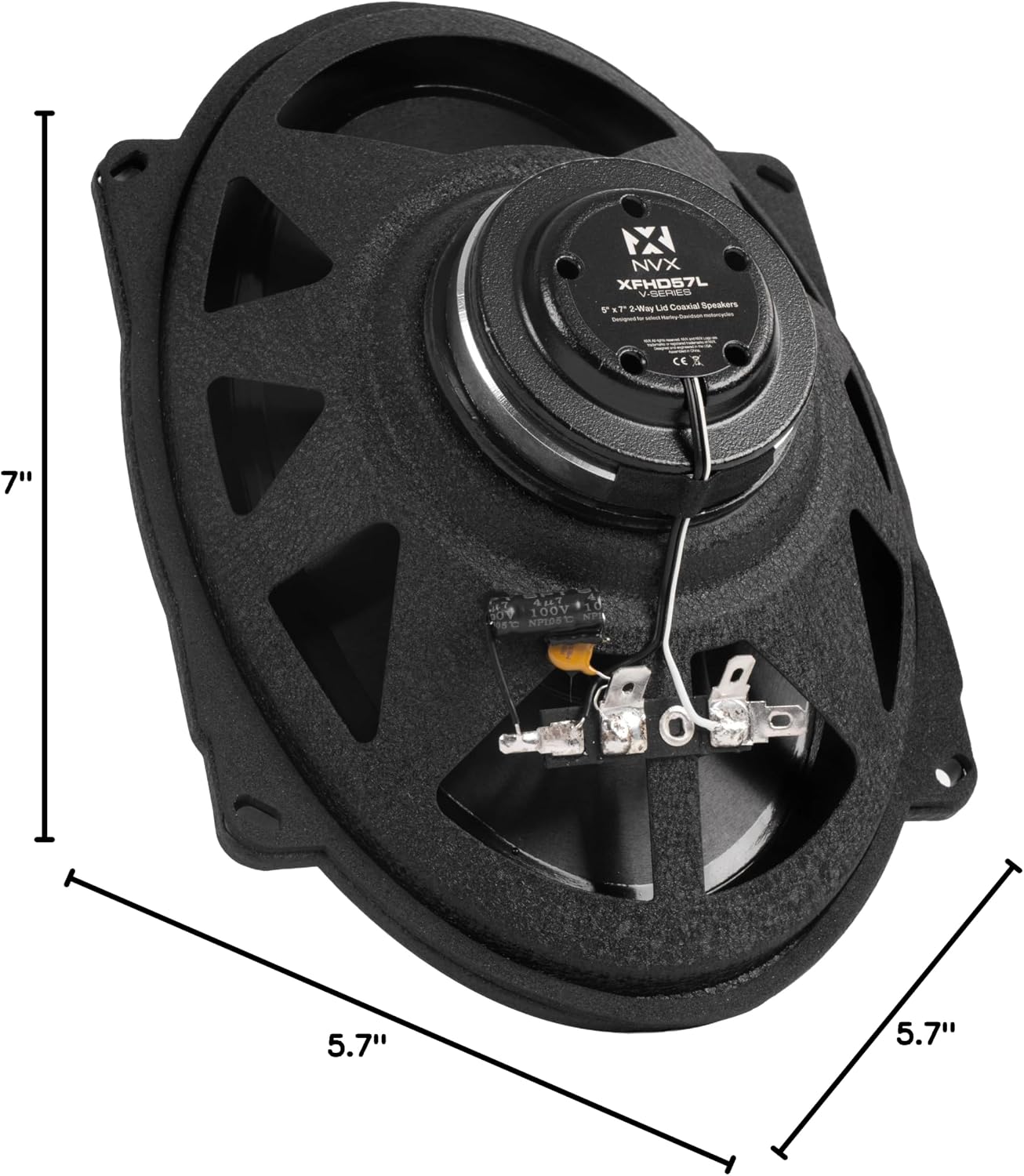 NVX® XFHD57L Premium 5x7' Motorcycle Speakers, 600W Peak (300W RMS), 2-Ohm OEM Saddlebag Lid Coaxials with 1' Titanium Tweeters, Waterproof, for Harley-Davidson 1998 up (Pair)