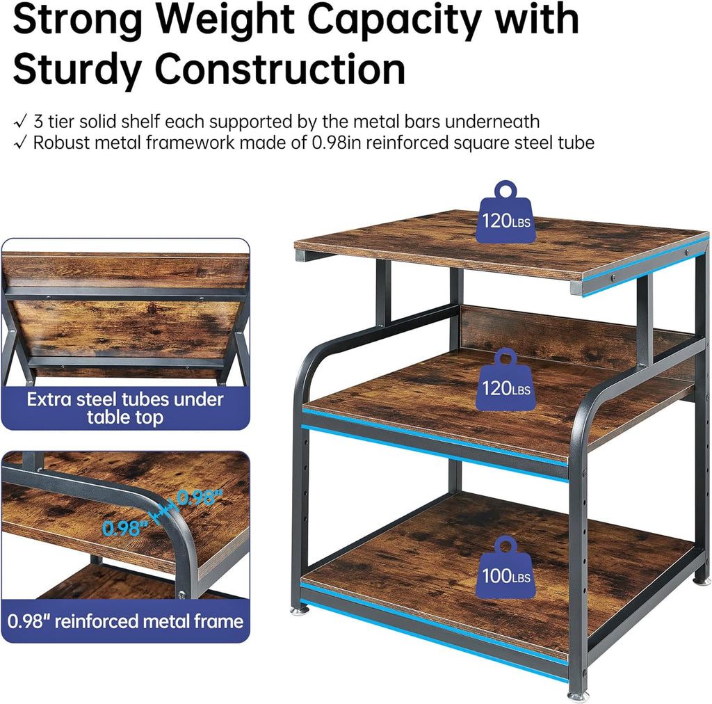 Fannova 23.6' Deep Extra Large Printer Stand, 3 Tier Printer Table with Adjustable Storage Shelf, Rolling Printer Cart with Industrial Wheels for Home Office, Rustic Brown