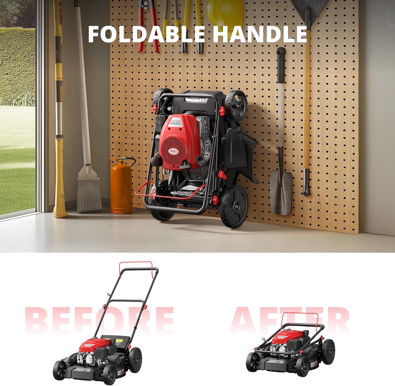 AMERISUN 21' Gas Lawn Mower, 144cc Engine, 2-in-1 Mulching & Side Discharge, 6-Position Height Adjustment, Foldable Handles for Lawn, Yard, and Garden Maintenance
