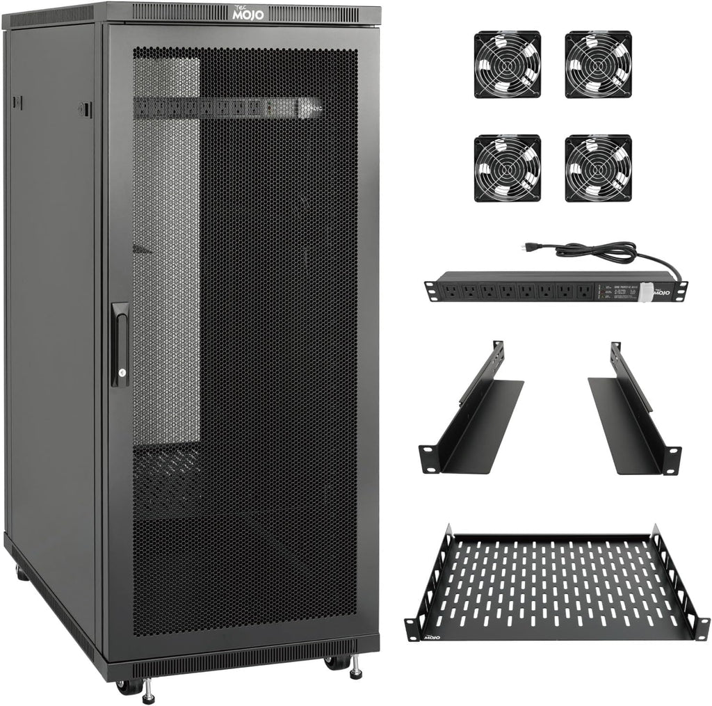 Tecmojo Network Rack Cabinet,27U Server Rack,31.5 Inch Depth,Hold Up to 1800Lbs,Lockable Cabinet with Casters and Complete Accessories,Mesh Door,for Home,Office,Small Business (27U 23.6' w*31.5' d)
