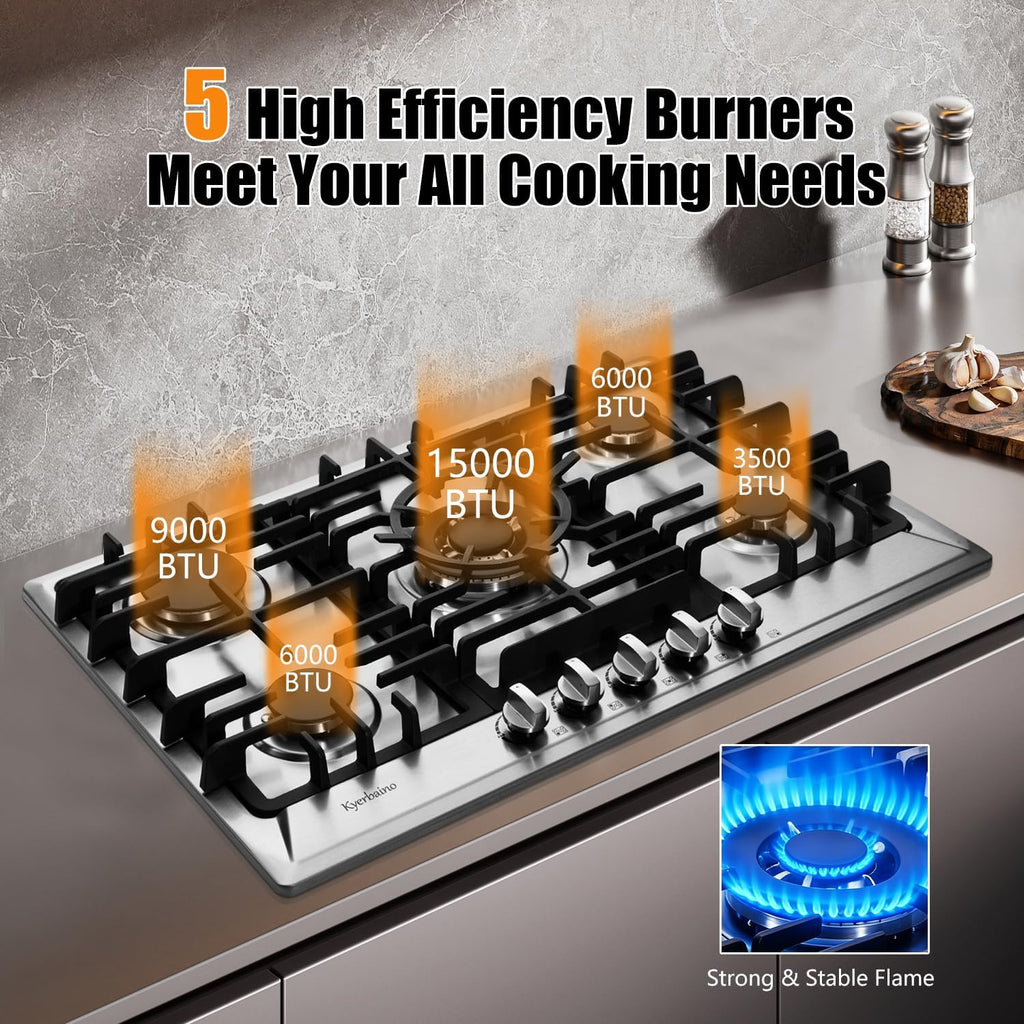 Gas Cooktop 30 Inch, Stainless Steel 5 Burners Gas Stovetop Built-in LPG/NG Convertible Gas Cooktop Dual Fuel Sealed Gas Stove