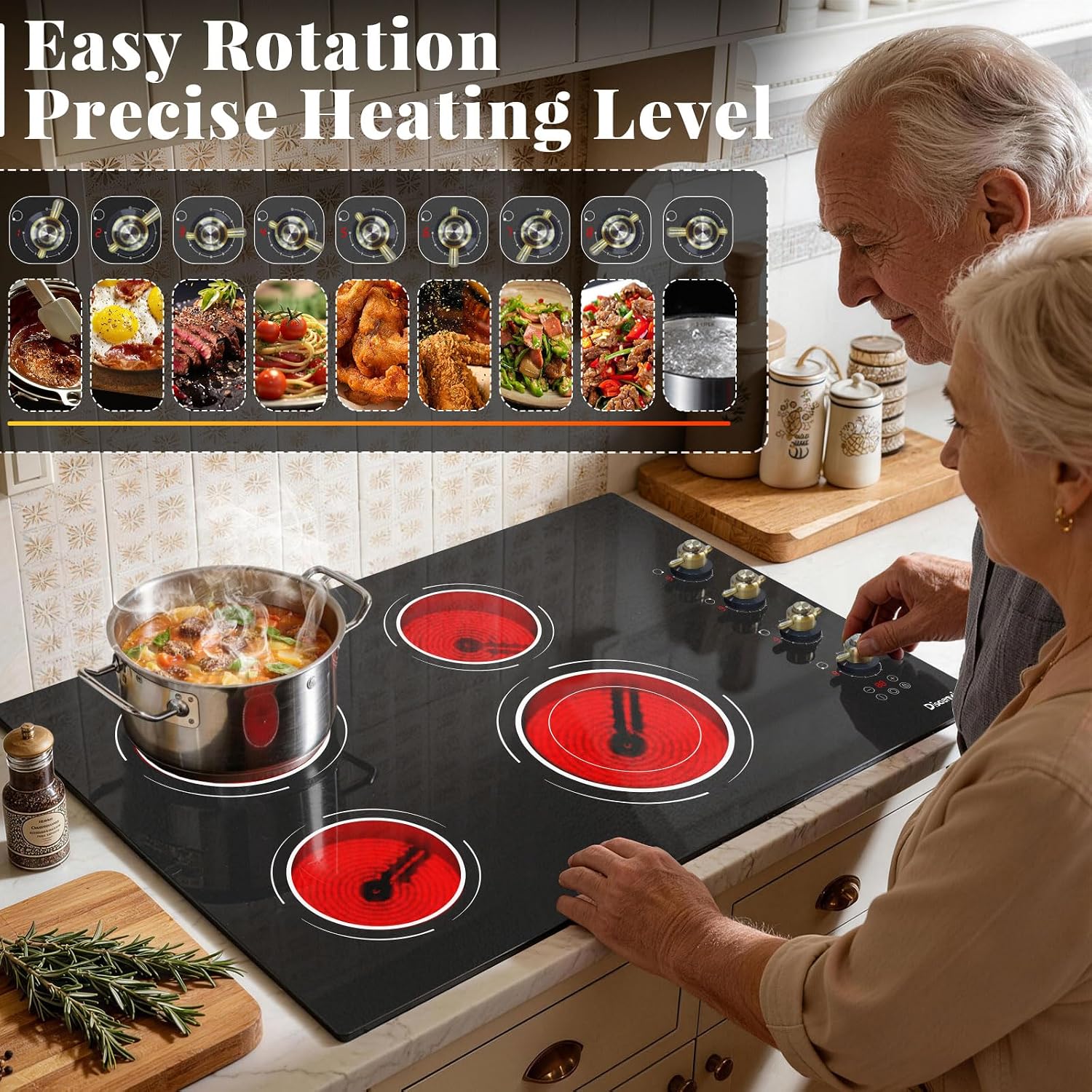 30 Inch Electric Cooktop - 4 Burner Electric Stove 6700W Built-in(29.13'x19.3'), 30' Radiant Ceramic Cook Top Konb & Touch, 99-Min Timer, Safety Lock, 220V - 240V Hard Wired (Retro Knob)