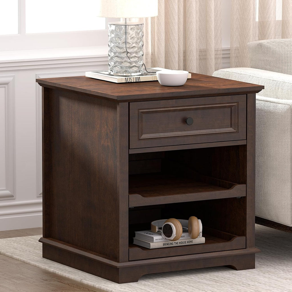 REDAYFUR Lateral File Cabinet 3 Drawer File Cabinet with Charging Station, Wood Lateral Filing Cabinet, Printer Stand with Open Adjustable Storage Shelves for Home Office, Cherry