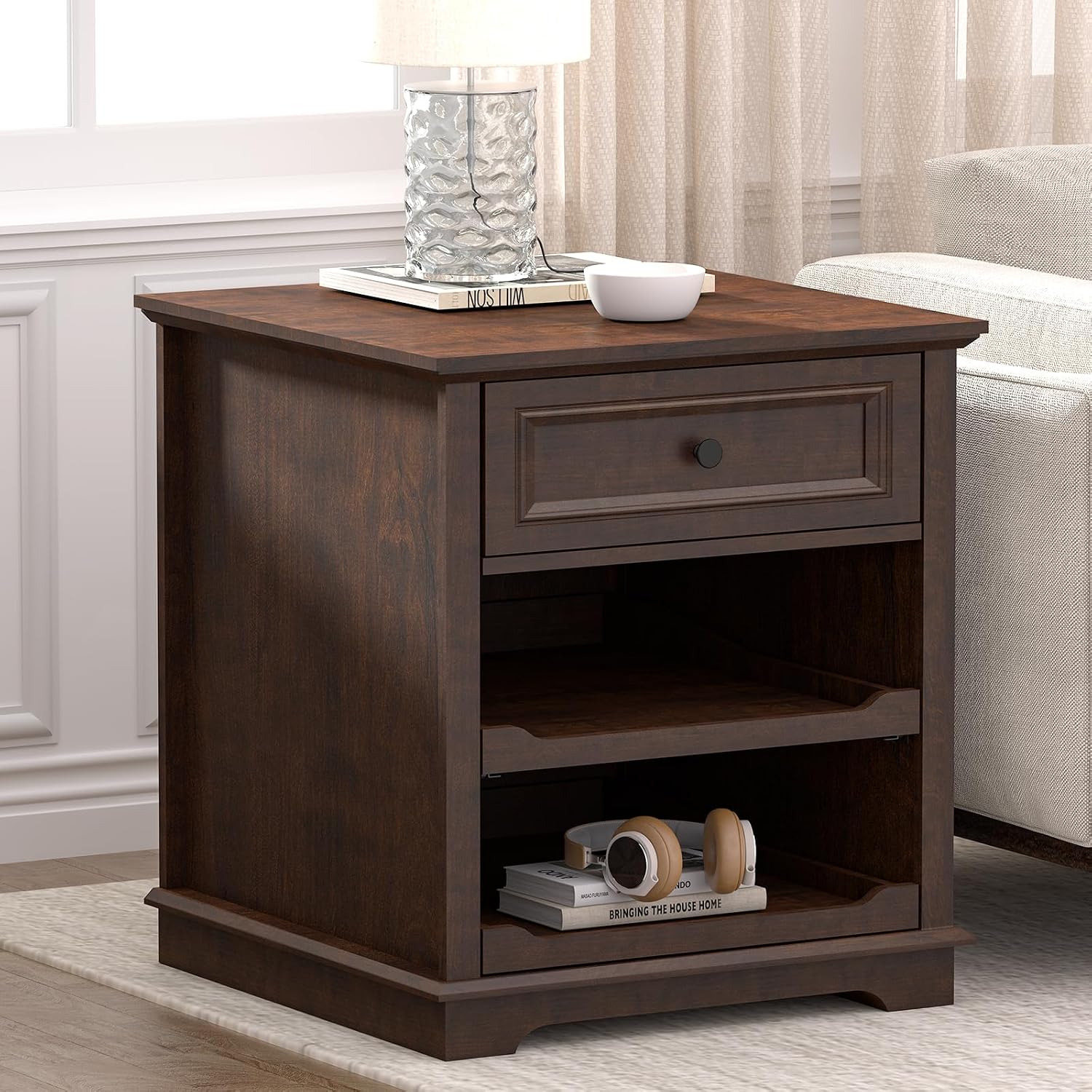 REDAYFUR Lateral File Cabinet 3 Drawer File Cabinet with Charging Station, Wood Lateral Filing Cabinet, Printer Stand with Open Adjustable Storage Shelves for Home Office, Cherry