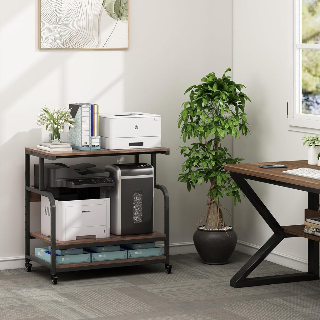 Fannova 32.3' Wide Extra Large Printer Stand, 3 Tier Printer Table with Adjustable Storage Shelf, Rolling Printer Cart with Industrial Wheels for Home Office, Rustic Brown