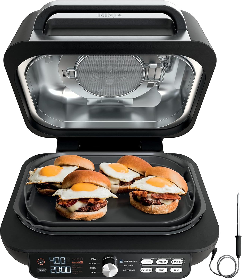 Ninja IG651 Foodi Smart XL Pro 7-in-1 Indoor Grill/Griddle Combo, use Opened or Closed, Air Fry, Dehydrate & More, Pro Power Grate, Flat Top, Crisper, Smart Thermometer, Black
