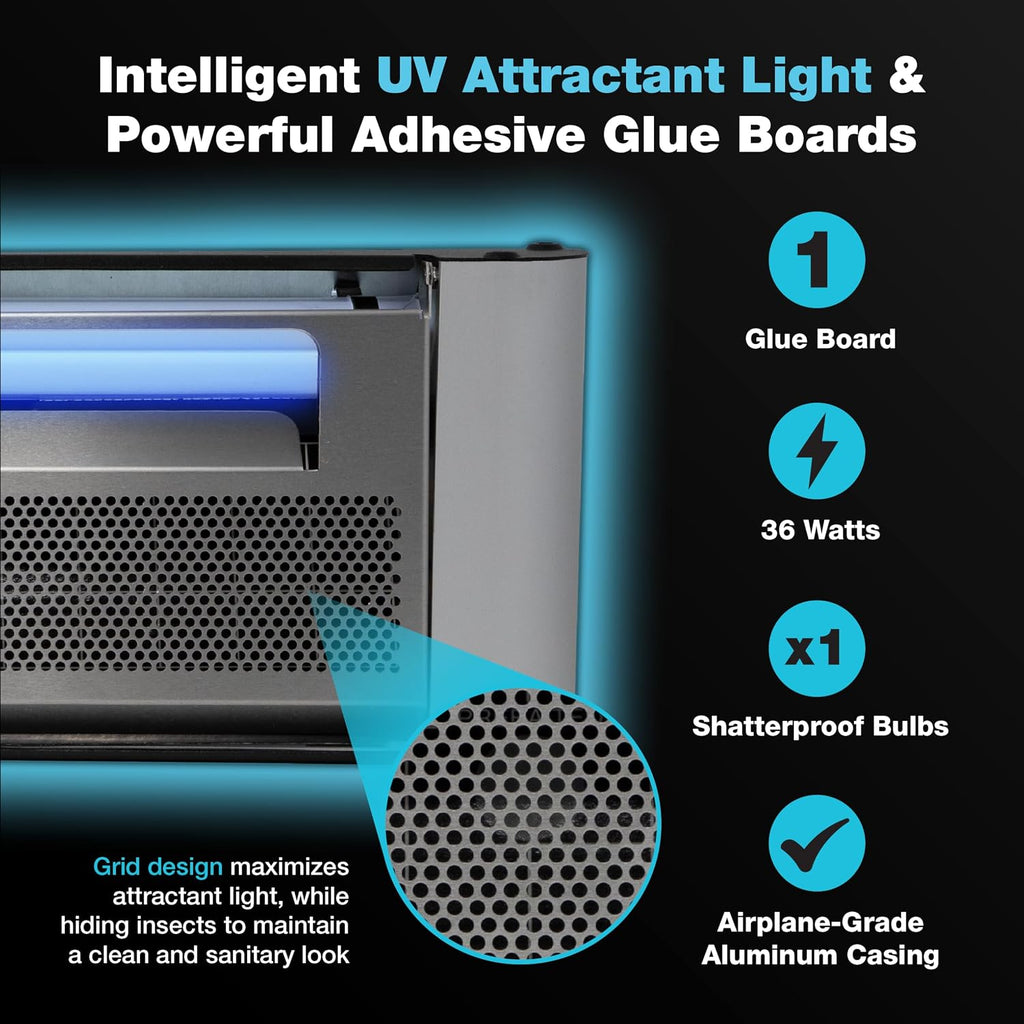 Catchmaster Vector Plasma One Silver, Compact UV Light Fly Traps for Home, Gnat Traps for House Indoor, Shatterproof Bulbs, UV Lamp Silent Bug Light for Deli, Bars, Kitchen & Trash Rooms