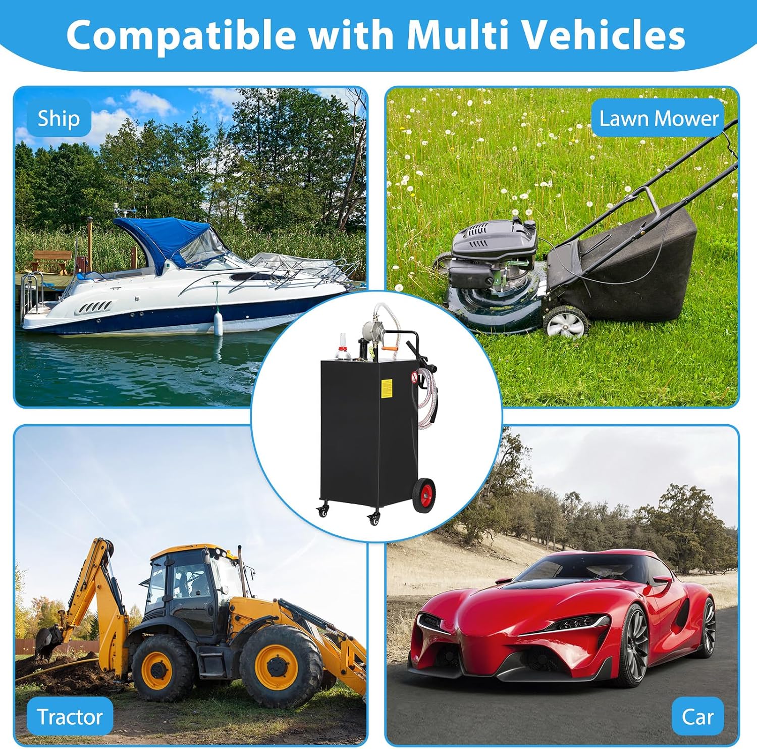 Fuel Caddy Tank 35-Gallon with Manual Transfer Pump, Heavy-Duty Mobile Gas & Diesel Storage Tank for Cars, Lawn Mowers, Boats, ATVs, and Farming Equipment. Effortless Refueling on 4 Large Wheels
