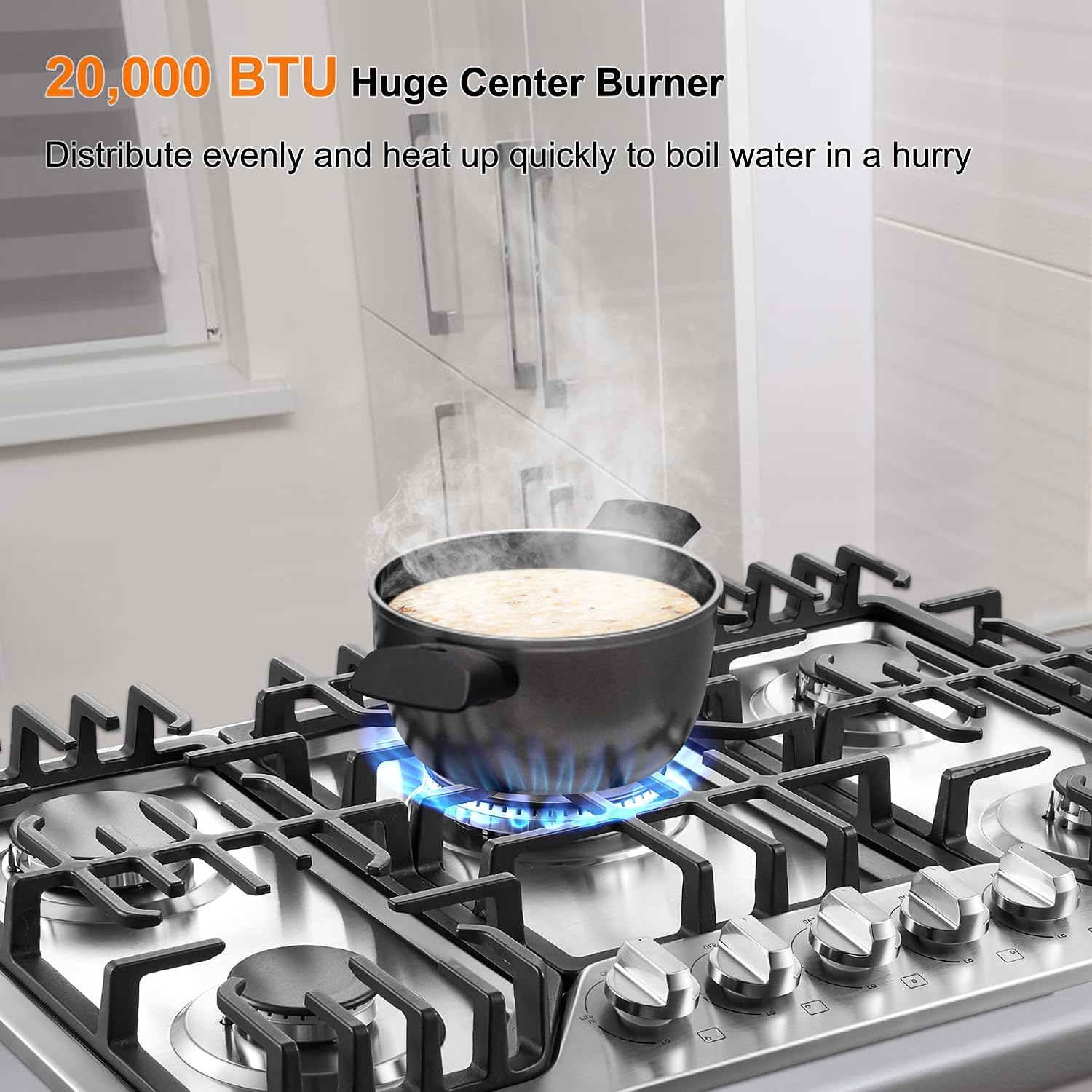 30 Inch Bulit-In Gas Cooktop with Griddle, 5 Italy SABAF Powerful Burners Over 92% High Efficiency, Max 48300BTU Gas Stove Top, 304 Stainless Steel Panel, NG/LPG Convertible, CSA Certified
