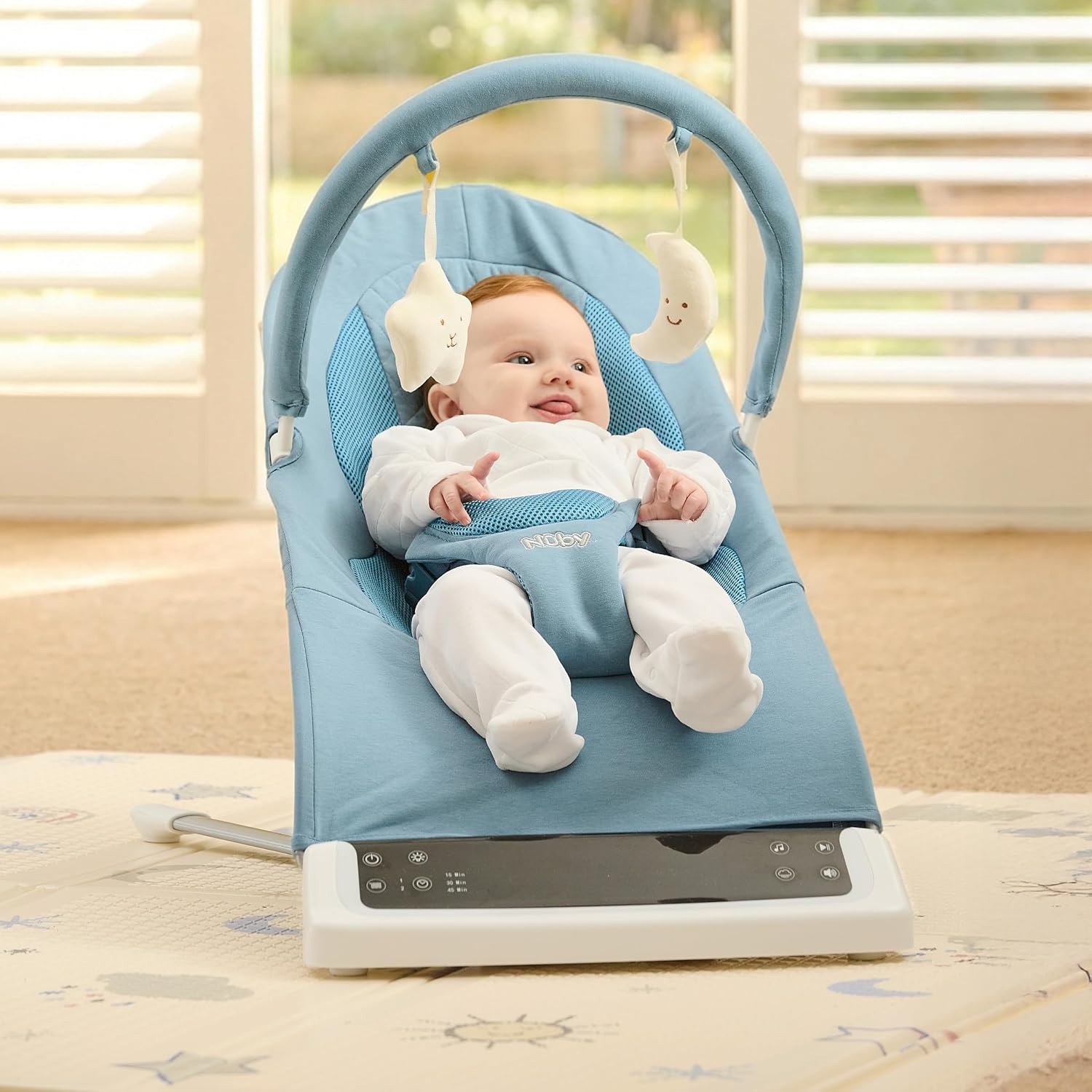 Nuby Deluxe Baby Bouncer Seat - Portable Infant Bouncer with Music, Fun Sounds, and Soothing Vibrations - Digital Display - 0-6 Months - Navy Blue