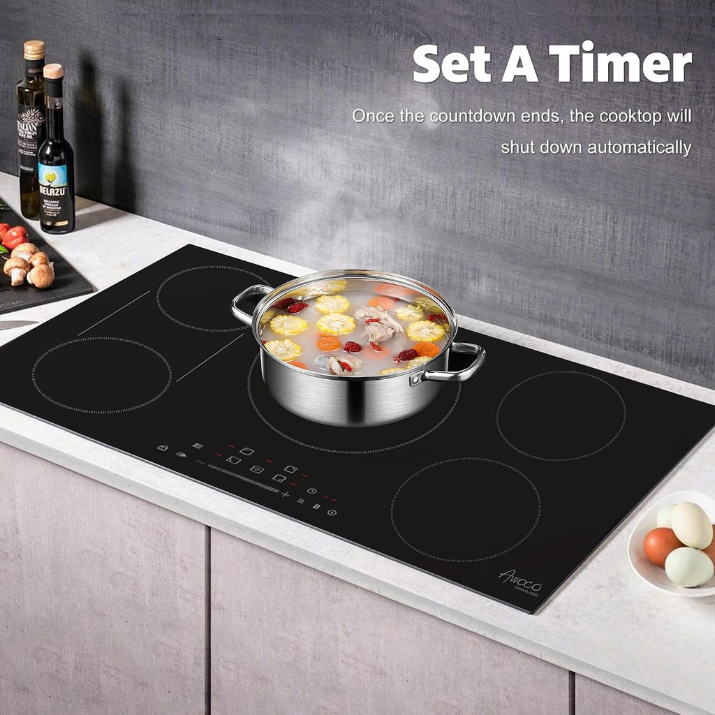 Awoco 30-Inch Ceramic Cooktop, 6600W Electric Stove with 4 Burners with hard wire, 9 Power Levels Digital Timer Child Lock, Residual Heat Indicator, Automatic Shut-Off Easy Clean Touch Panel, 220-240V
