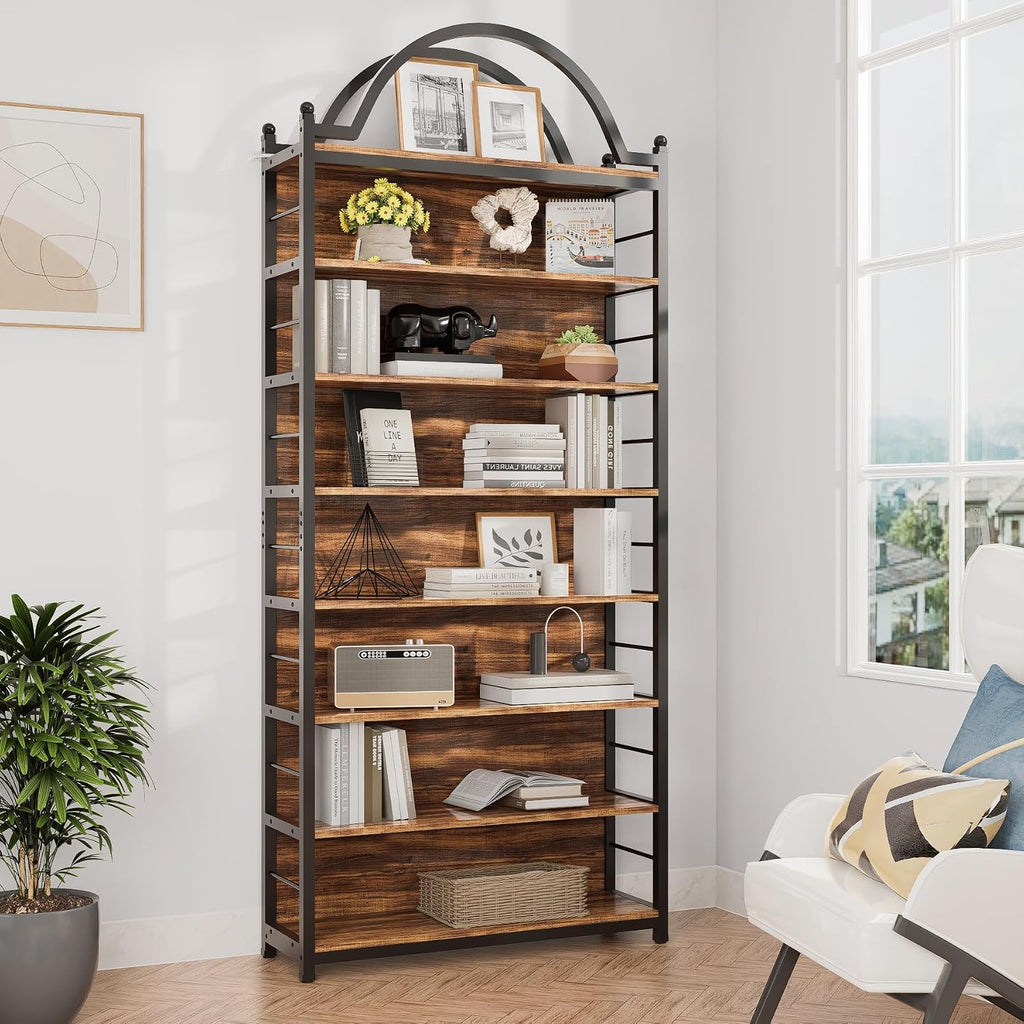 8-Tier CD Storage Racks,CDs DVDs Game Video Media Organizer Cabinet with 7 Shelves,78.7' Arched-Top Industrial Tall Bookshelf Display Bookcase Brown Black