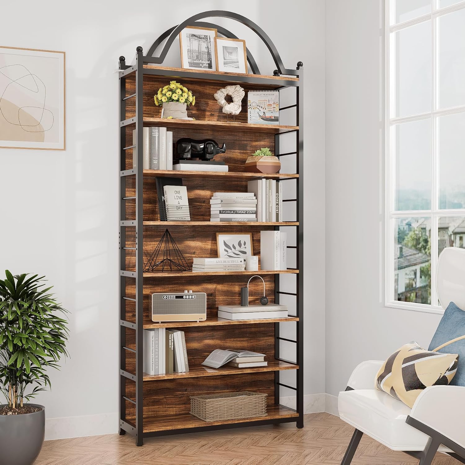 8-Tier CD Storage Racks,CDs DVDs Game Video Media Organizer Cabinet with 7 Shelves,78.7' Arched-Top Industrial Tall Bookshelf Display Bookcase Brown Black