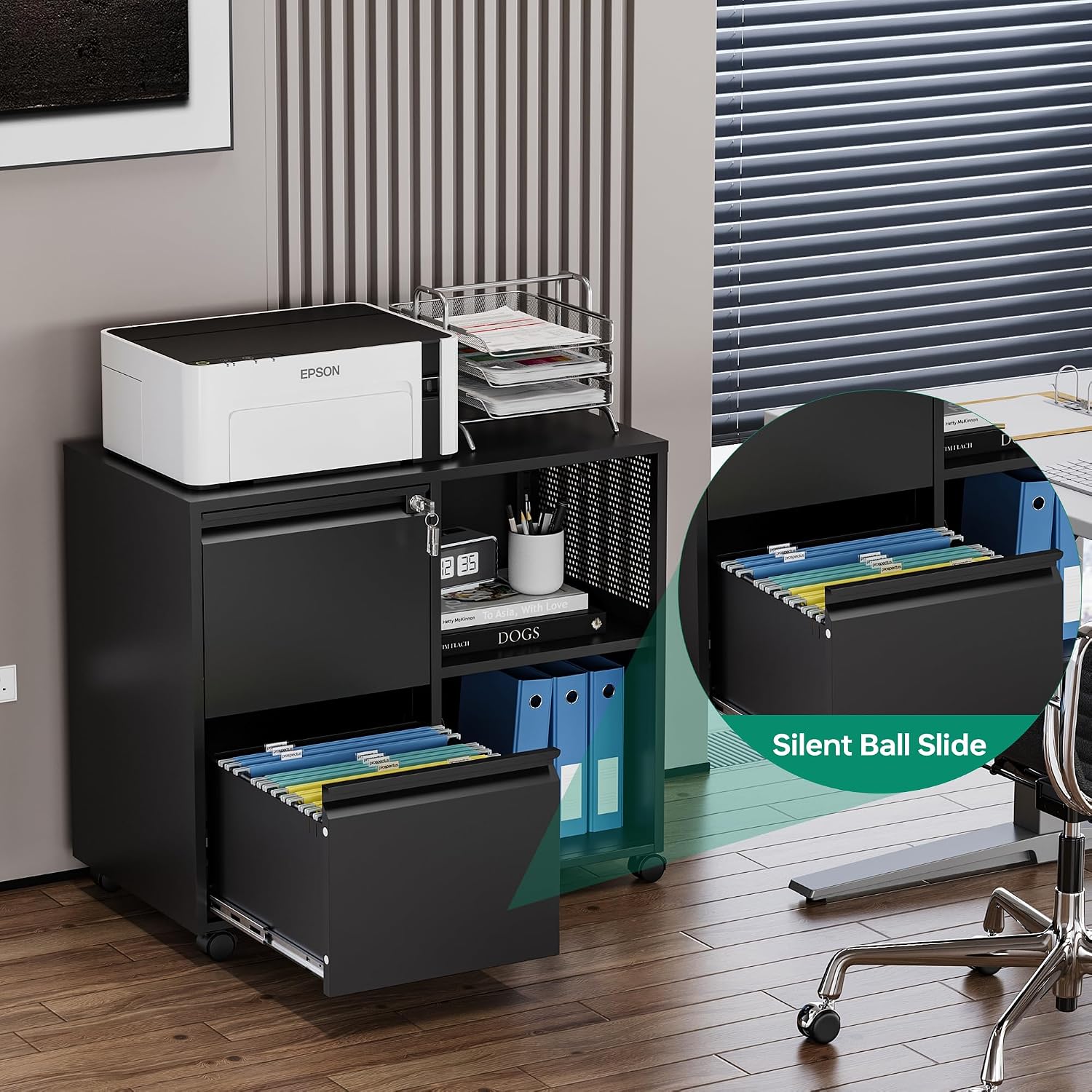 Letaya Mobile File Cabinet, Metal Lateral Rolling Printer Stand Filing Cabinets with Shelves for Home Office-Storage A4/F4 (Black)