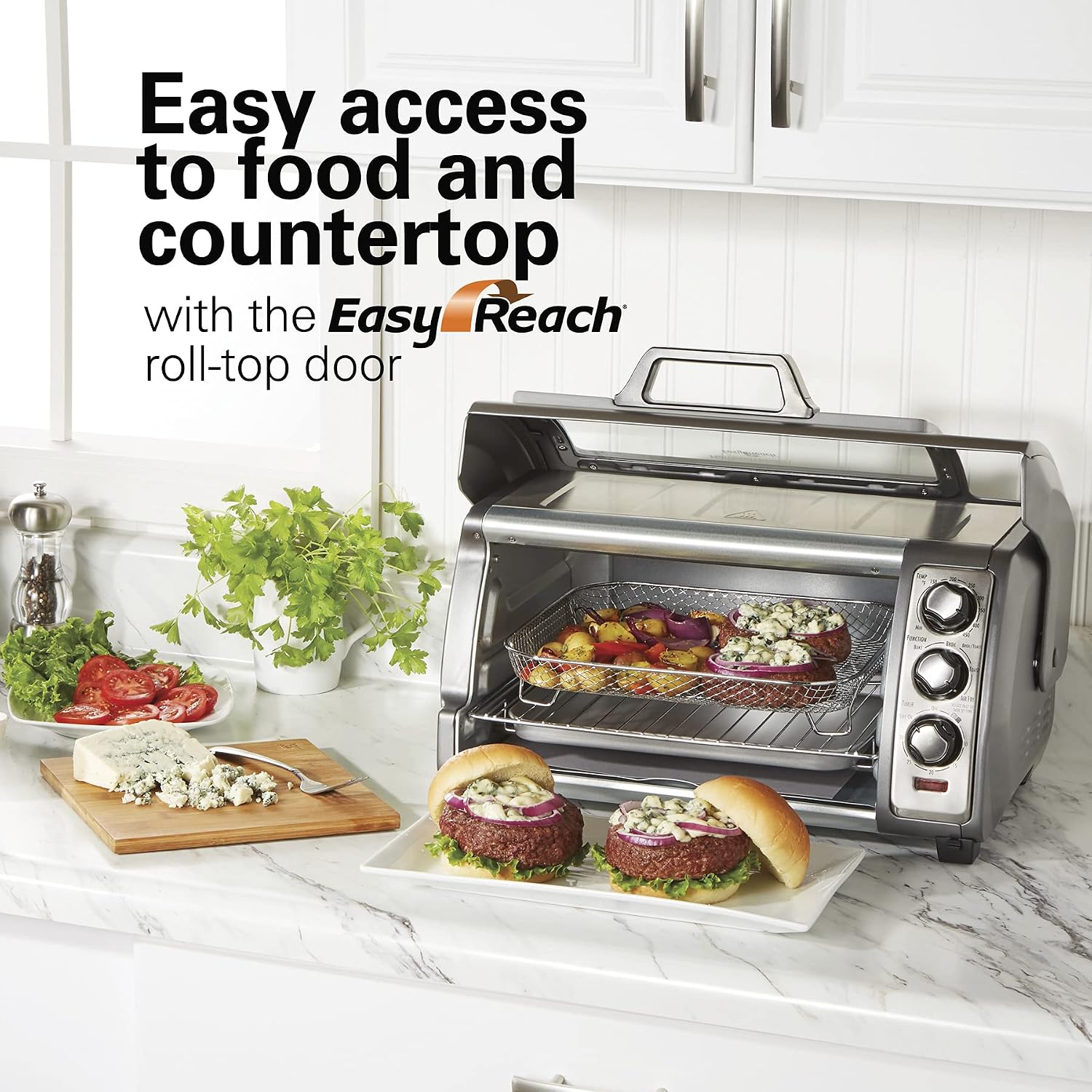 Hamilton Beach Air Fryer Countertop Toaster Oven, Stainless Steel & Power Elite Wave Action Blender, Stainless Steel Ice Sabre-Blades, Black (58148A)
