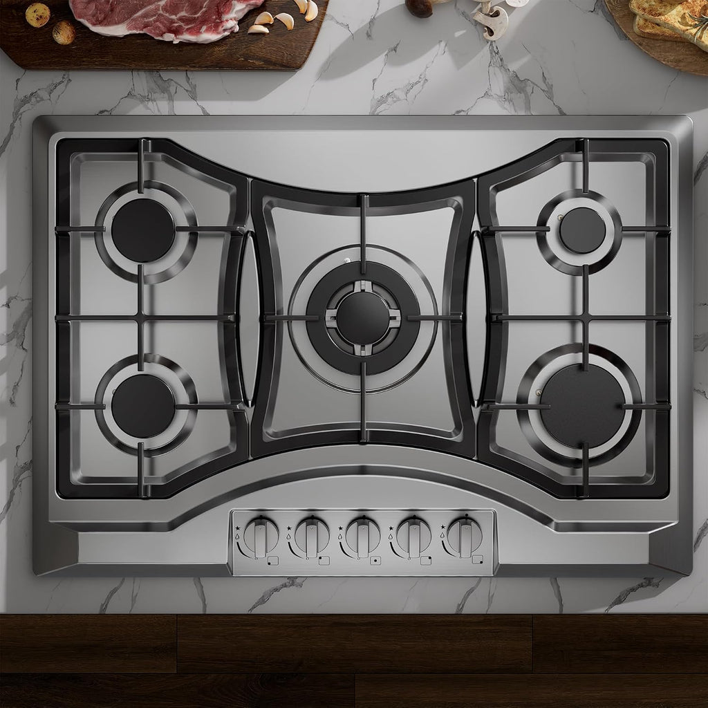 30 inch Drop-in Gas Cooktop with 5 Sealed Burners, Stainless Steel Stovetop, Dishwasher Safe Cast Iron Grates, NG/LPG Convertible, 38K BTU
