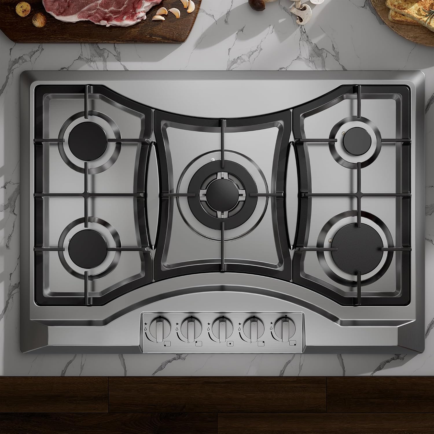 30 inch Drop-in Gas Cooktop with 5 Sealed Burners, Stainless Steel Stovetop, Dishwasher Safe Cast Iron Grates, NG/LPG Convertible, 38K BTU
